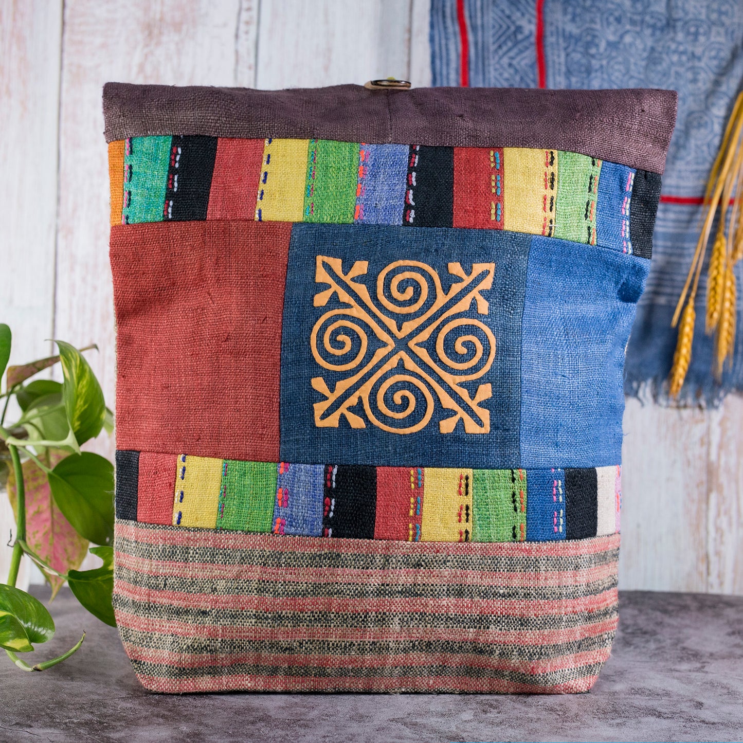 Blue Patch Orange Embroidery – Brown Hemp Tote Bag