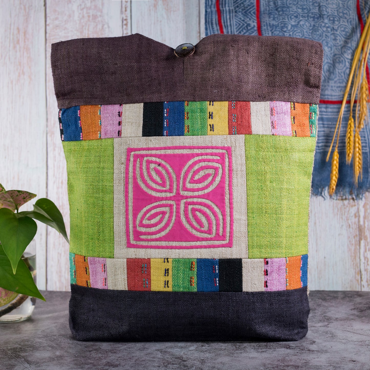 Green Patch Pink Embroidery – Brown Hemp Tote Bag