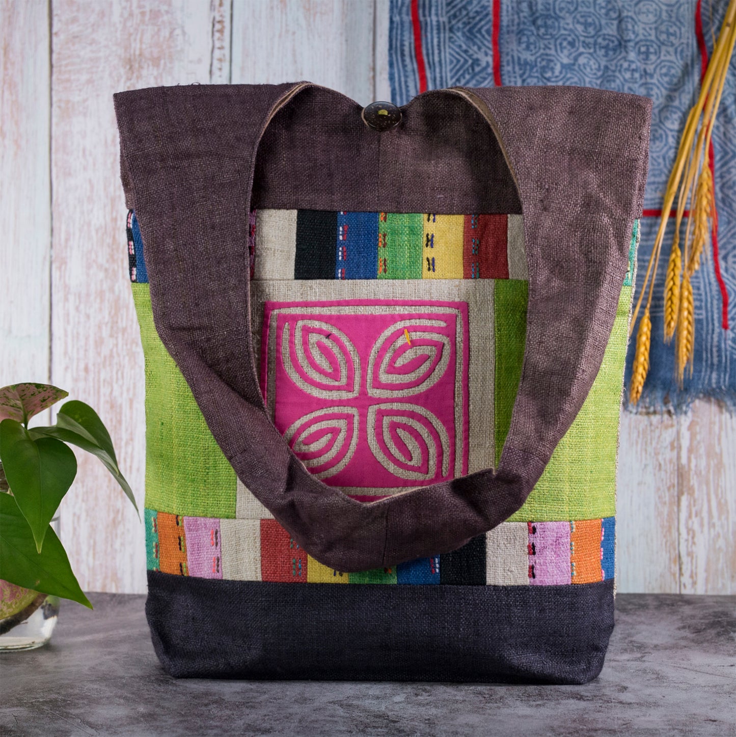 Green Patch Pink Embroidery – Brown Hemp Tote Bag