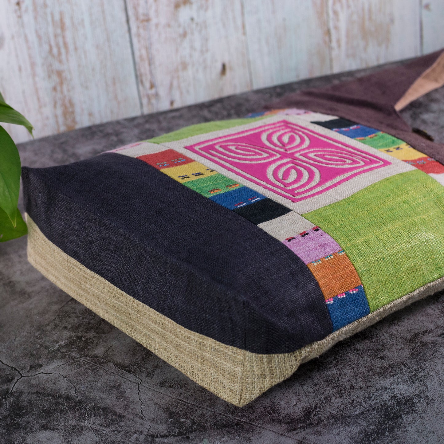 Green Patch Pink Embroidery – Brown Hemp Tote Bag