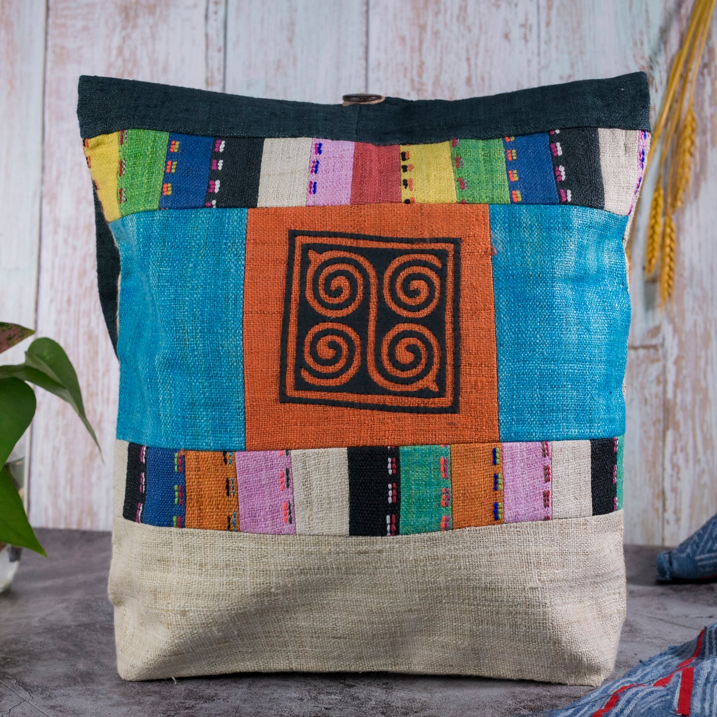 Orange Patch Black Threadwork – Teal Hemp Tote Bag