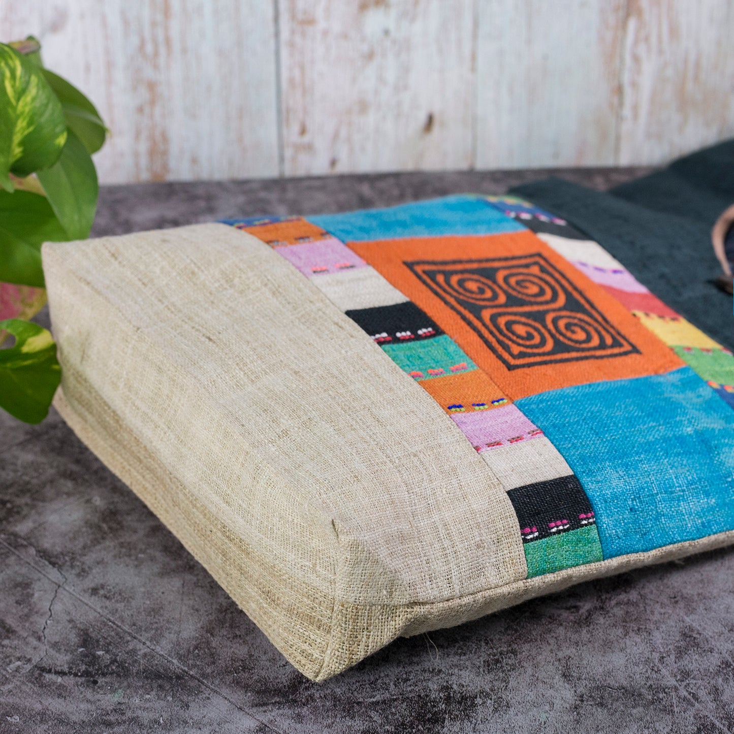 Orange Patch Black Threadwork – Teal Hemp Tote Bag