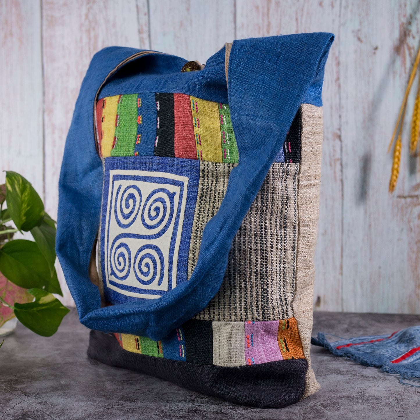 Shoulder bag special design, Handwoven Hemp, natural dye in LIGHT BLUE, H'mong pattern
