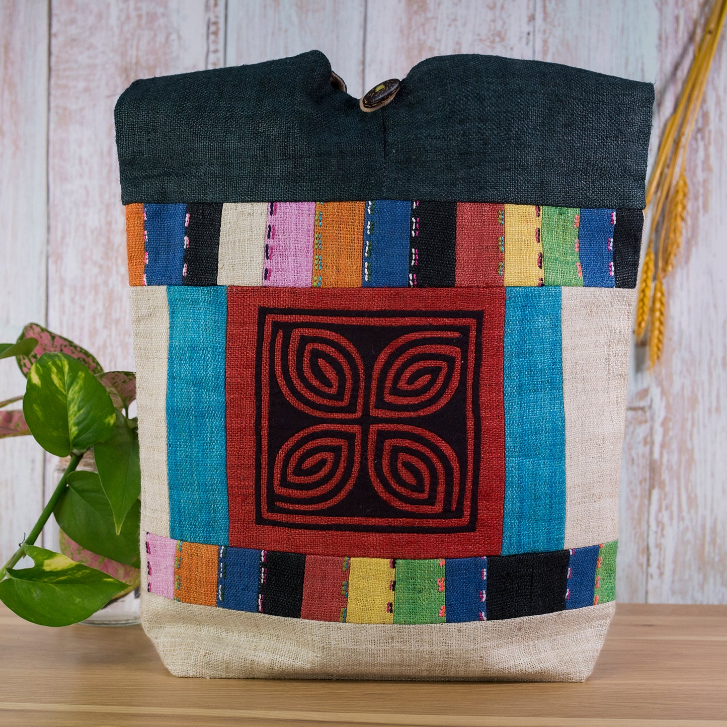 Red Patch Black Embroidery - Teal Hemp Tote Bag
