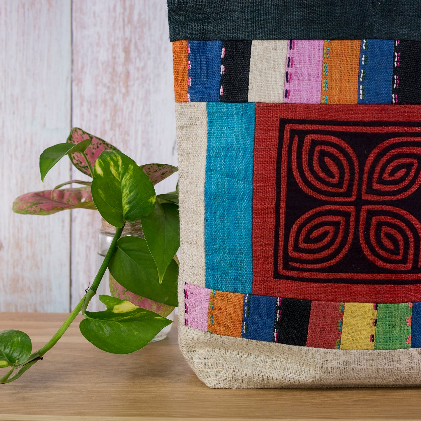 Red Patch Black Embroidery - Teal Hemp Tote Bag