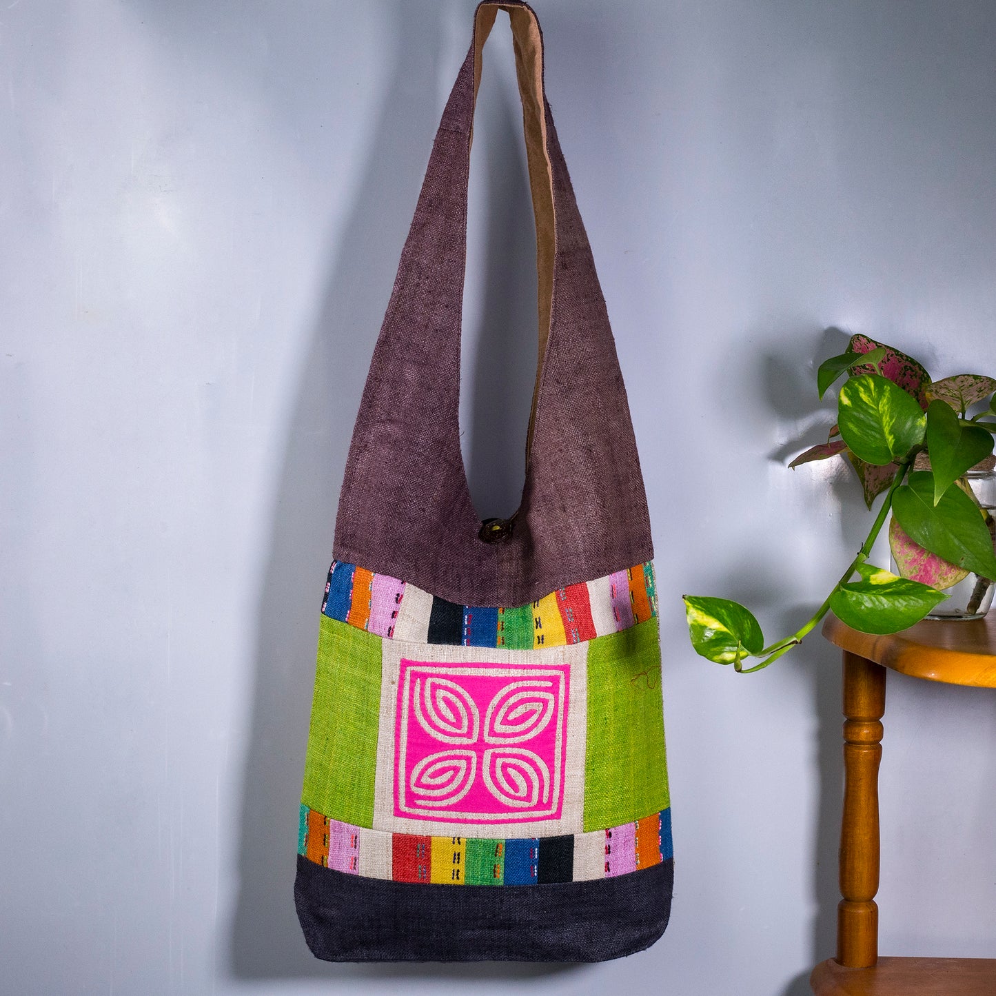 Green Patch Pink Embroidery – Brown Hemp Tote Bag