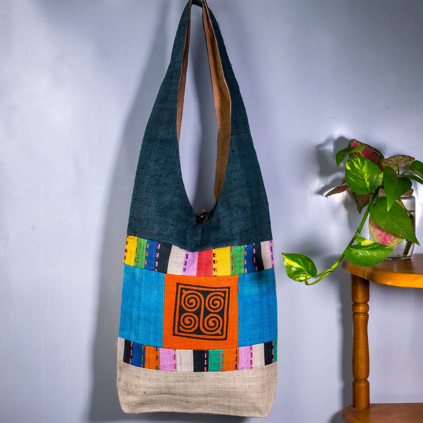 Orange Patch Black Threadwork – Teal Hemp Tote Bag
