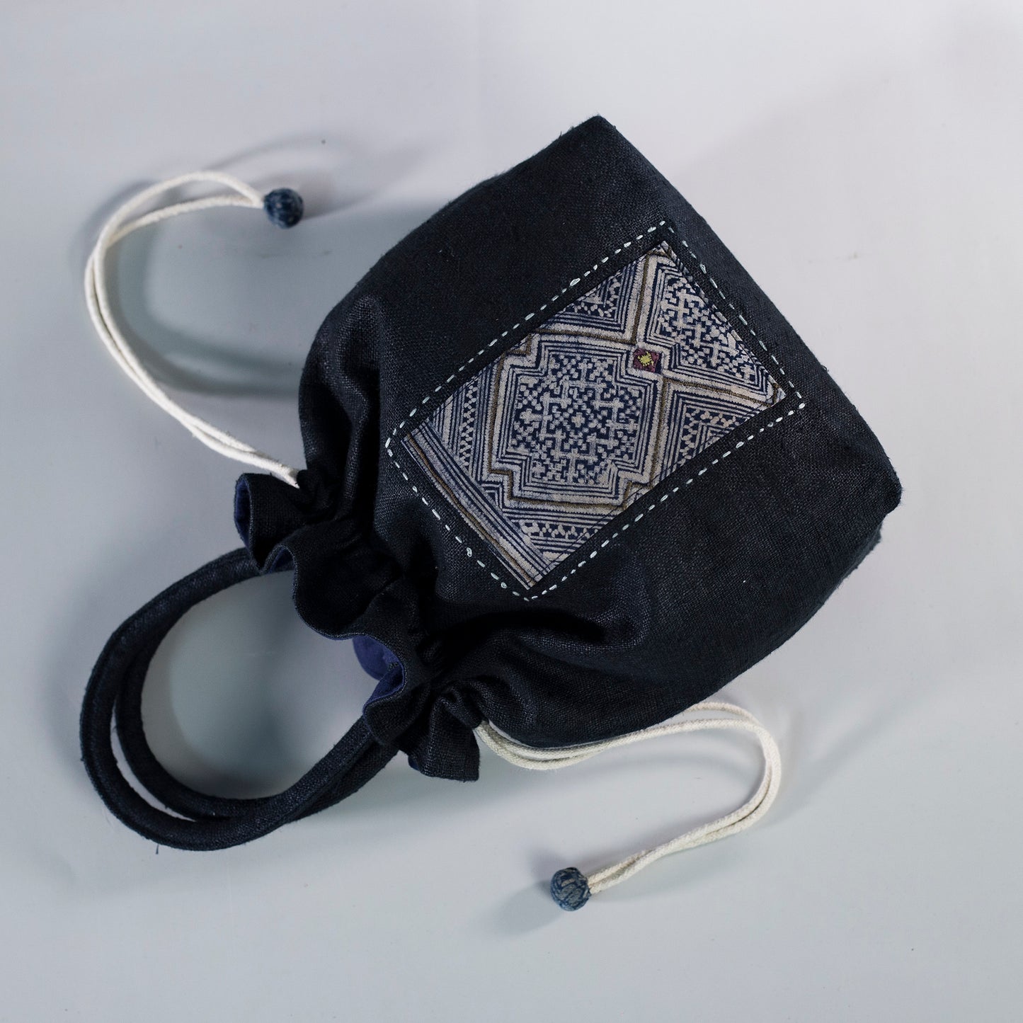 Black drawstring hemp handbag, natural hemp and batik patch