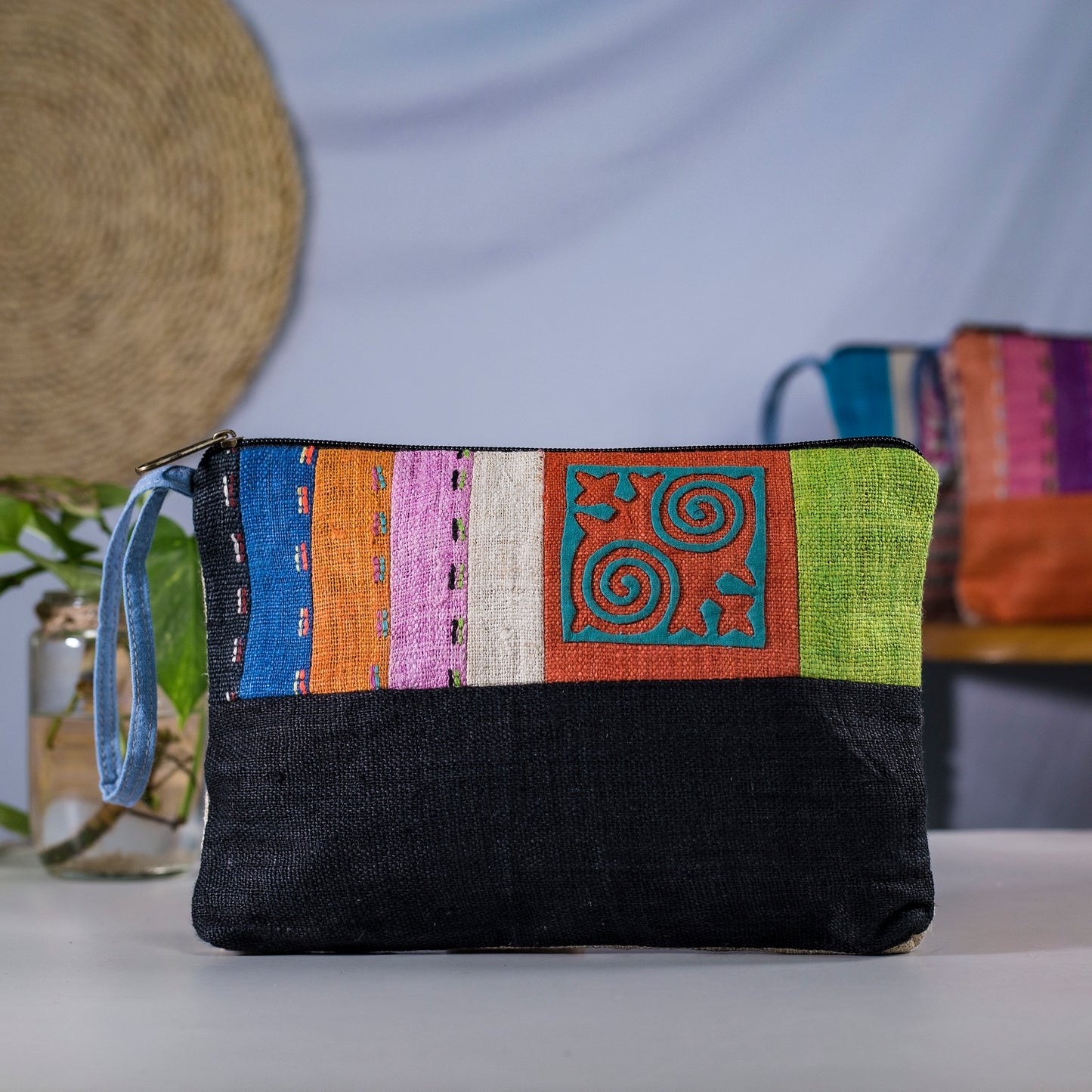 Turquoise Spiral H’mong – Black Hemp Cosmetic Bag