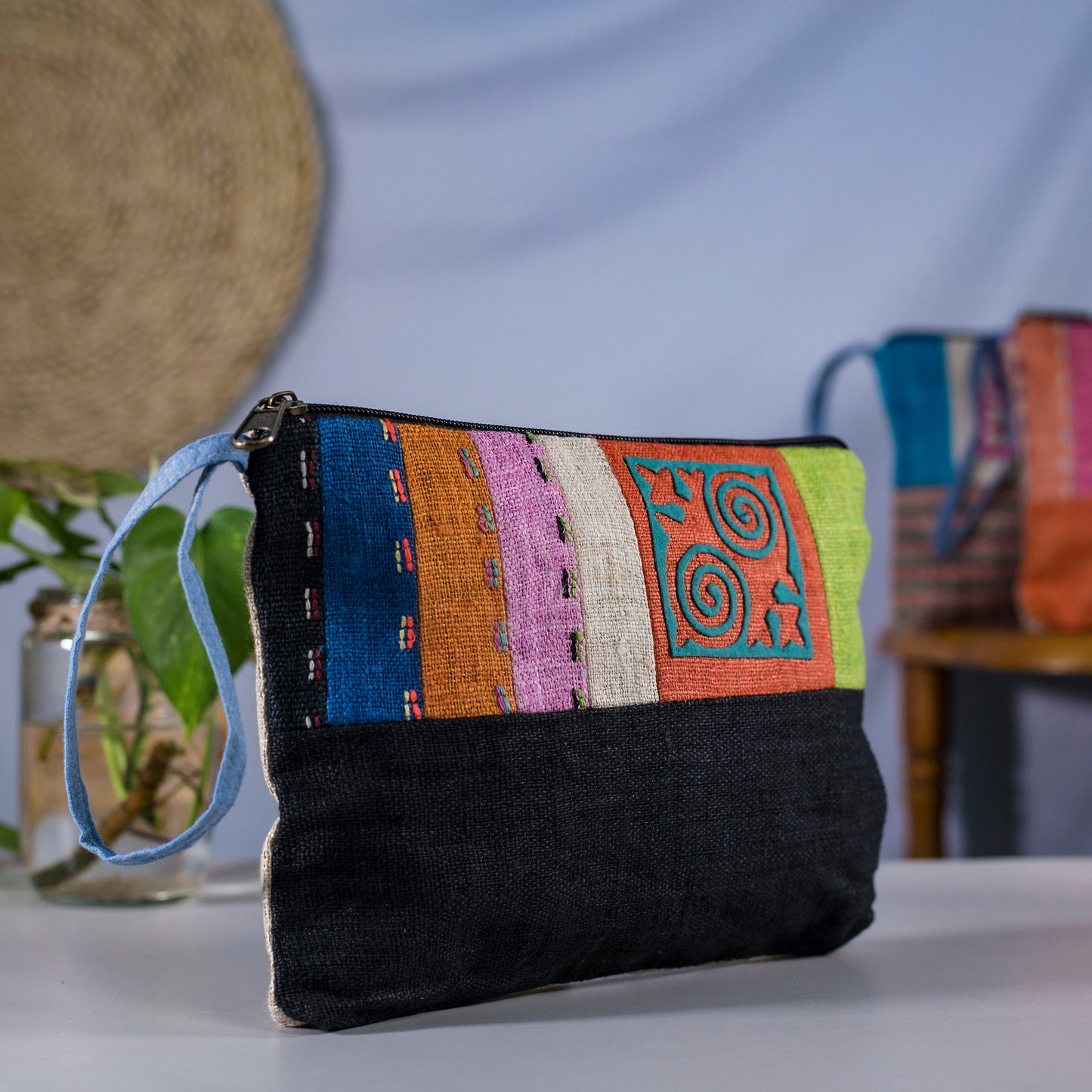 Turquoise Spiral H’mong – Black Hemp Cosmetic Bag