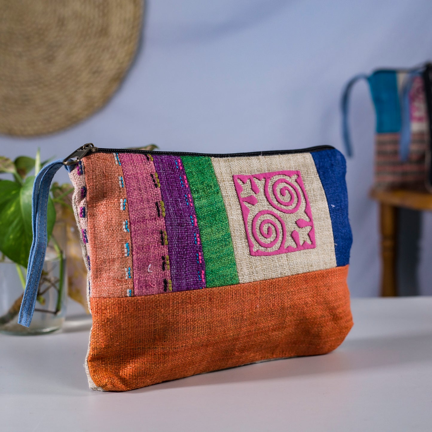 Orange Hemp Cosmetic Bag – H’Mong Hand Embroidery