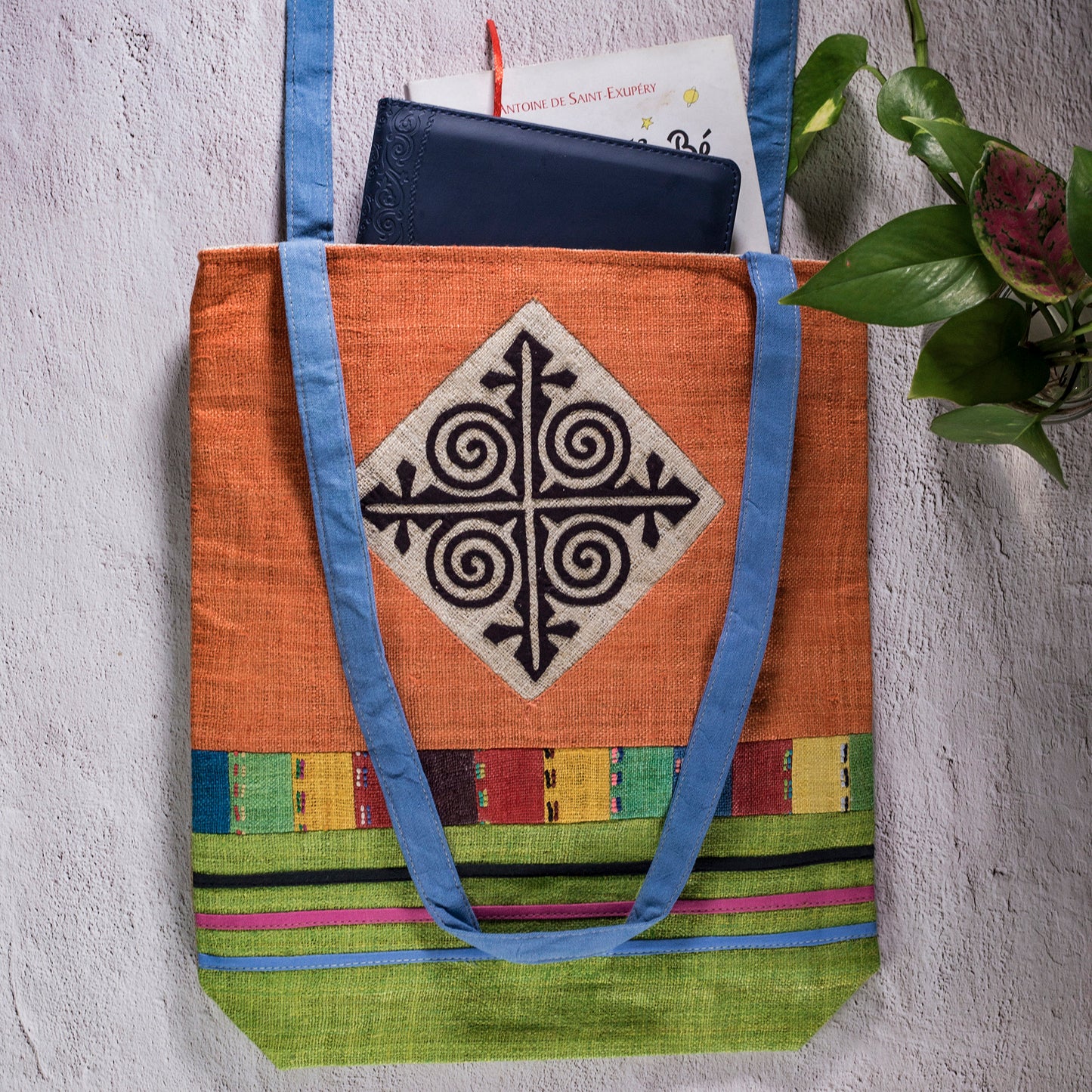 Tote bag, Handwoven Hemp, natural dye in ORANGE, H'mong pattern
