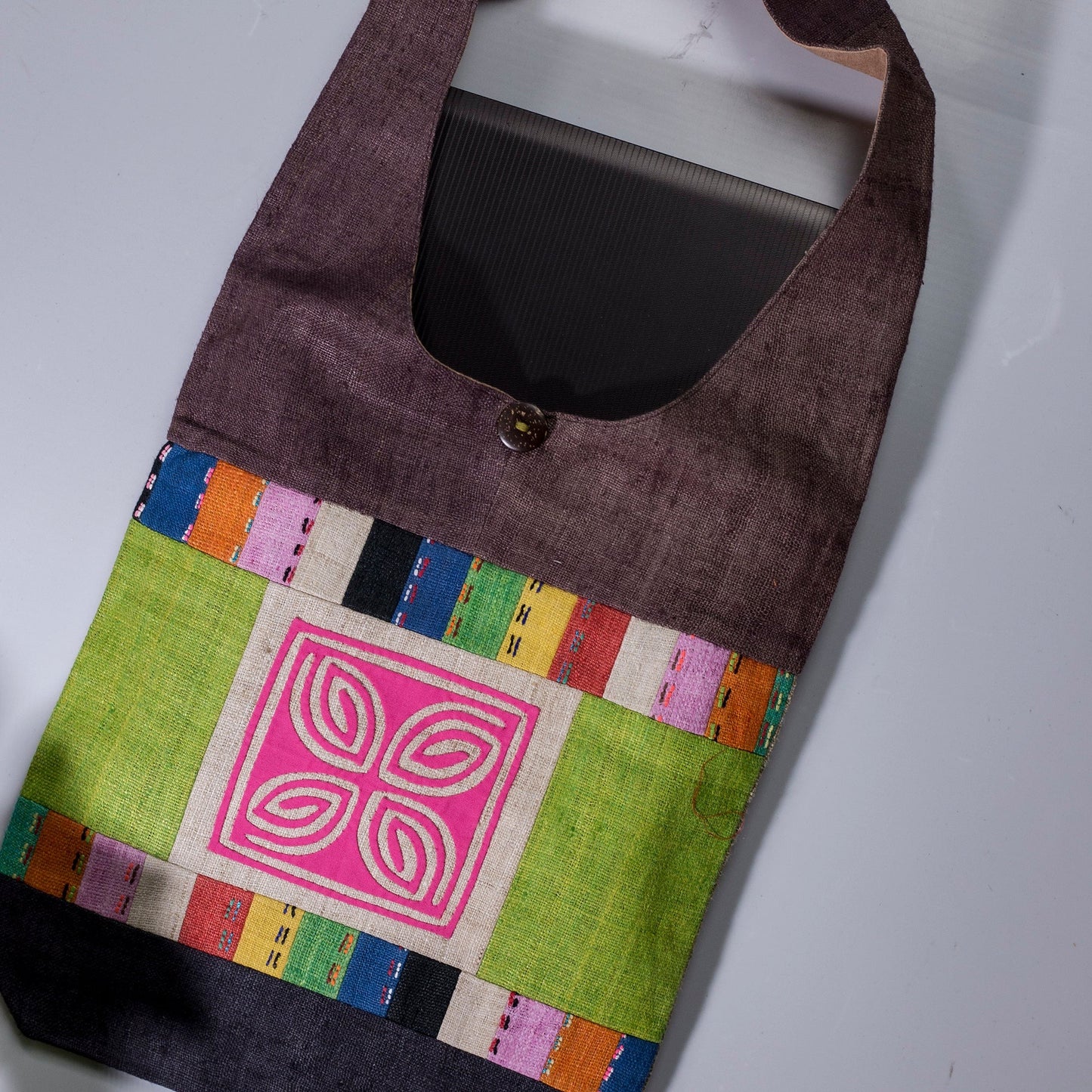Green Patch Pink Embroidery – Brown Hemp Tote Bag
