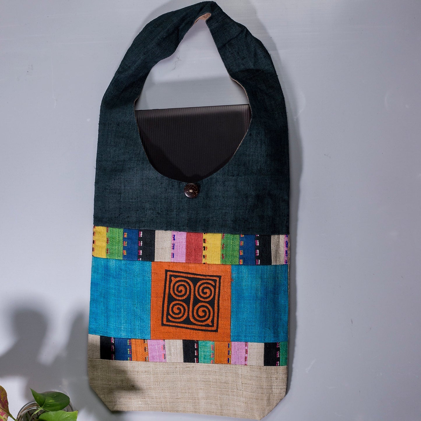 Orange Patch Black Threadwork – Teal Hemp Tote Bag