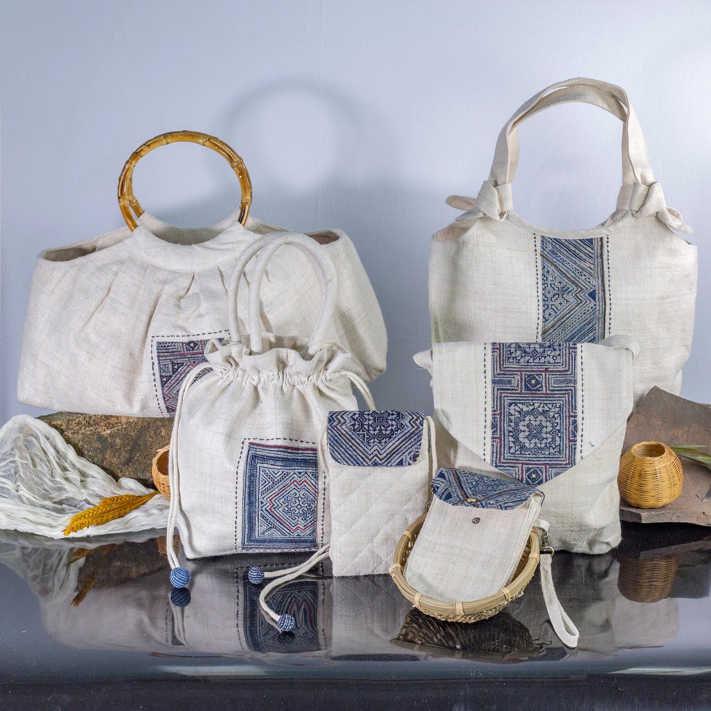 White drawstring hemp handbag, natural hemp and batik patch