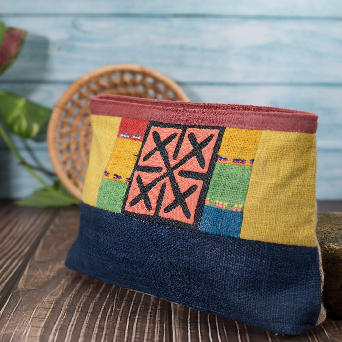 Pink Cross Stitch H’mong – Blue Hemp Cosmetic Bag