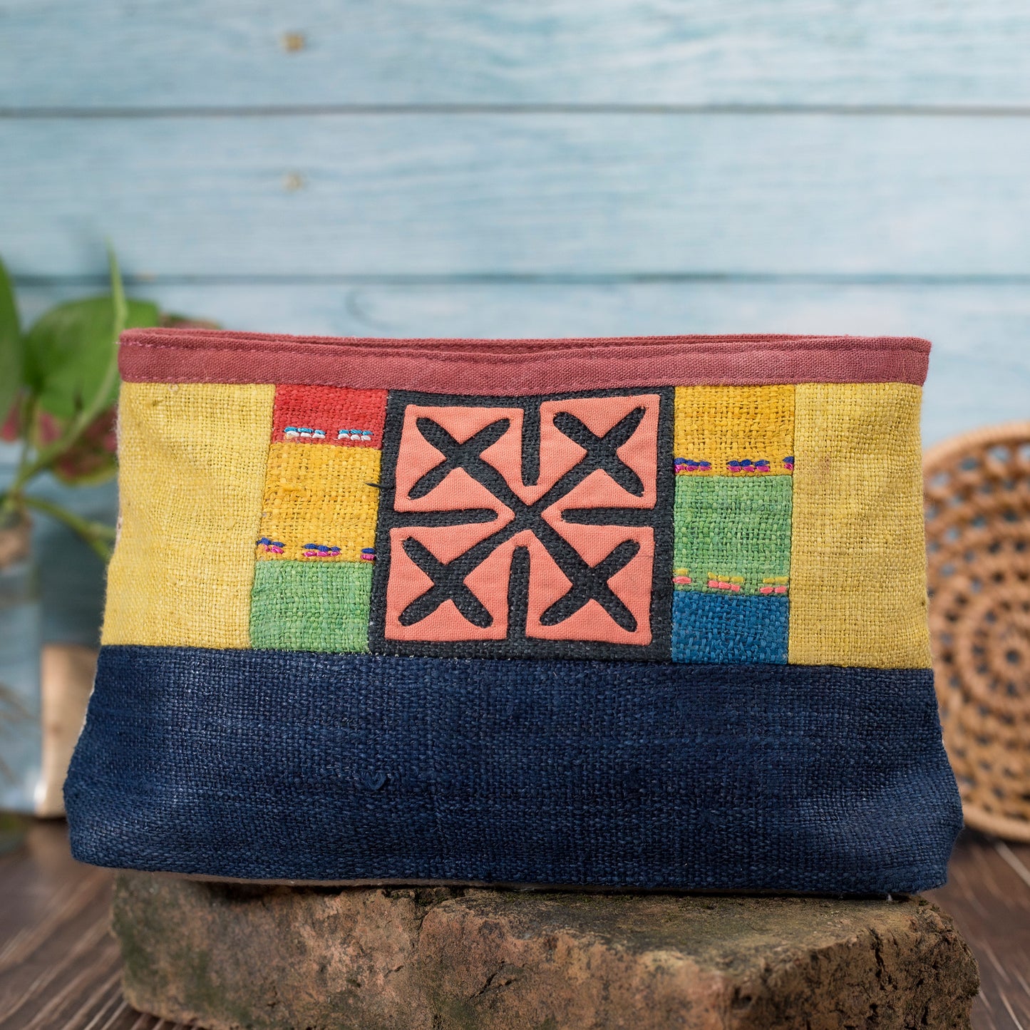 Pink Cross Stitch H’mong – Blue Hemp Cosmetic Bag