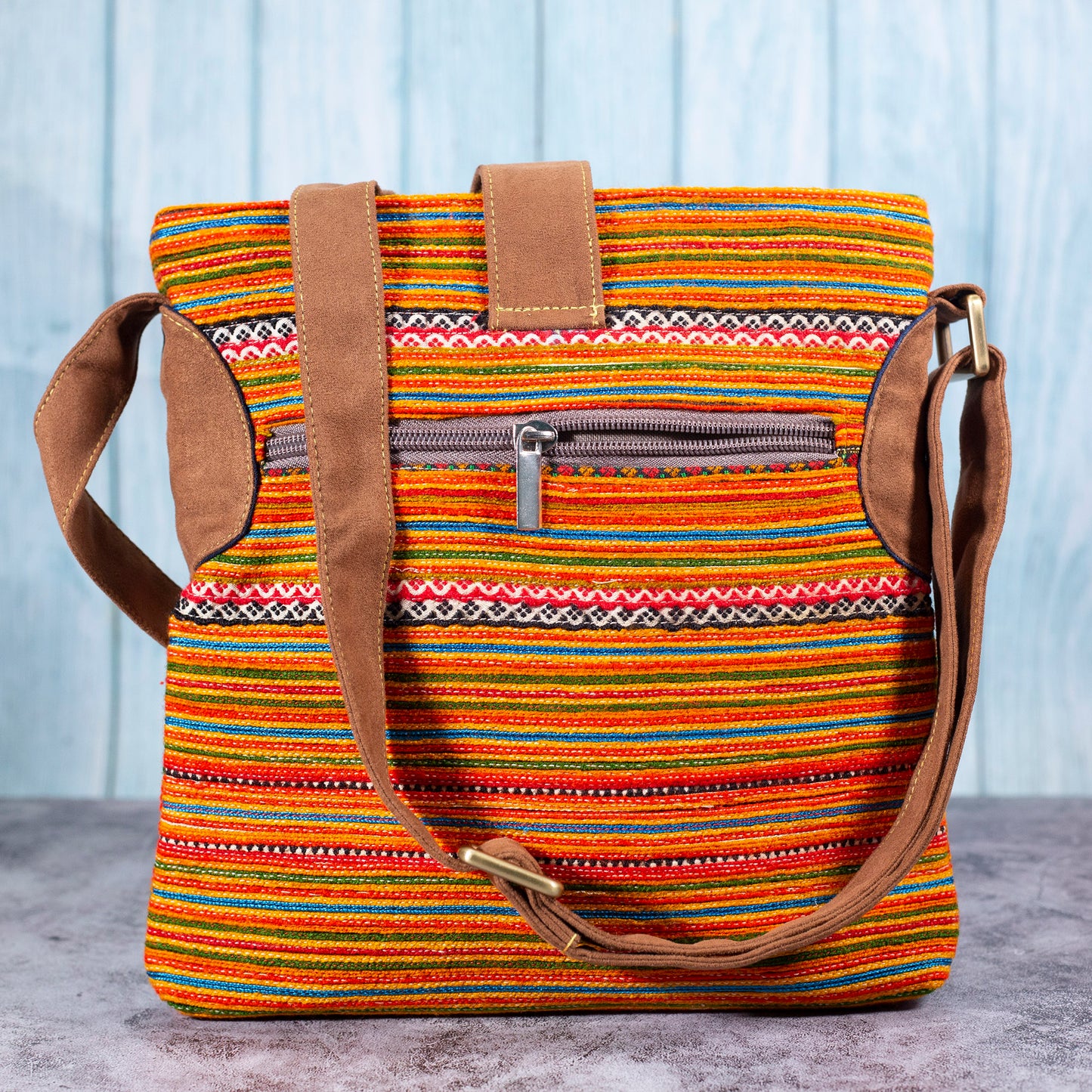 Flowery pattern, Orange embroidery cross-body bag, faux leather straps, coconut button