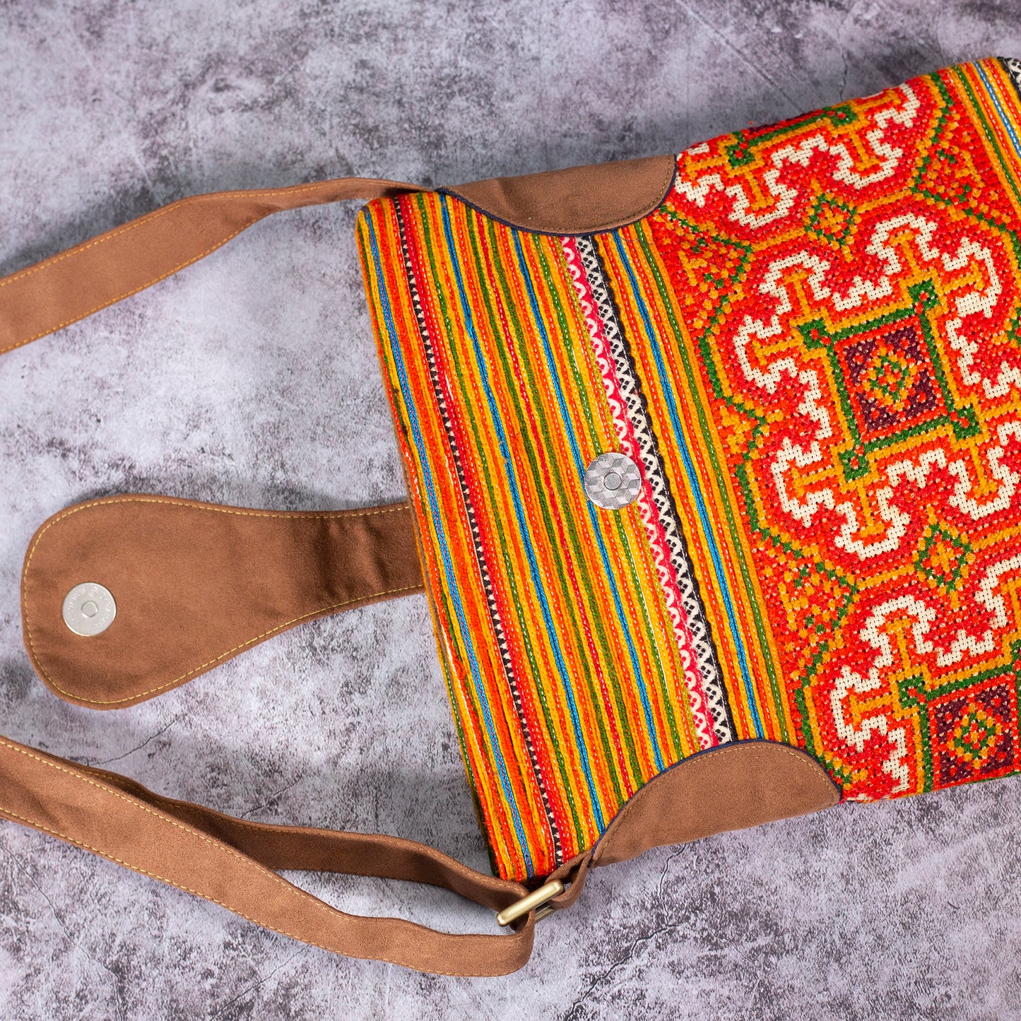 Flowery pattern, Orange embroidery cross-body bag, faux leather straps, coconut button