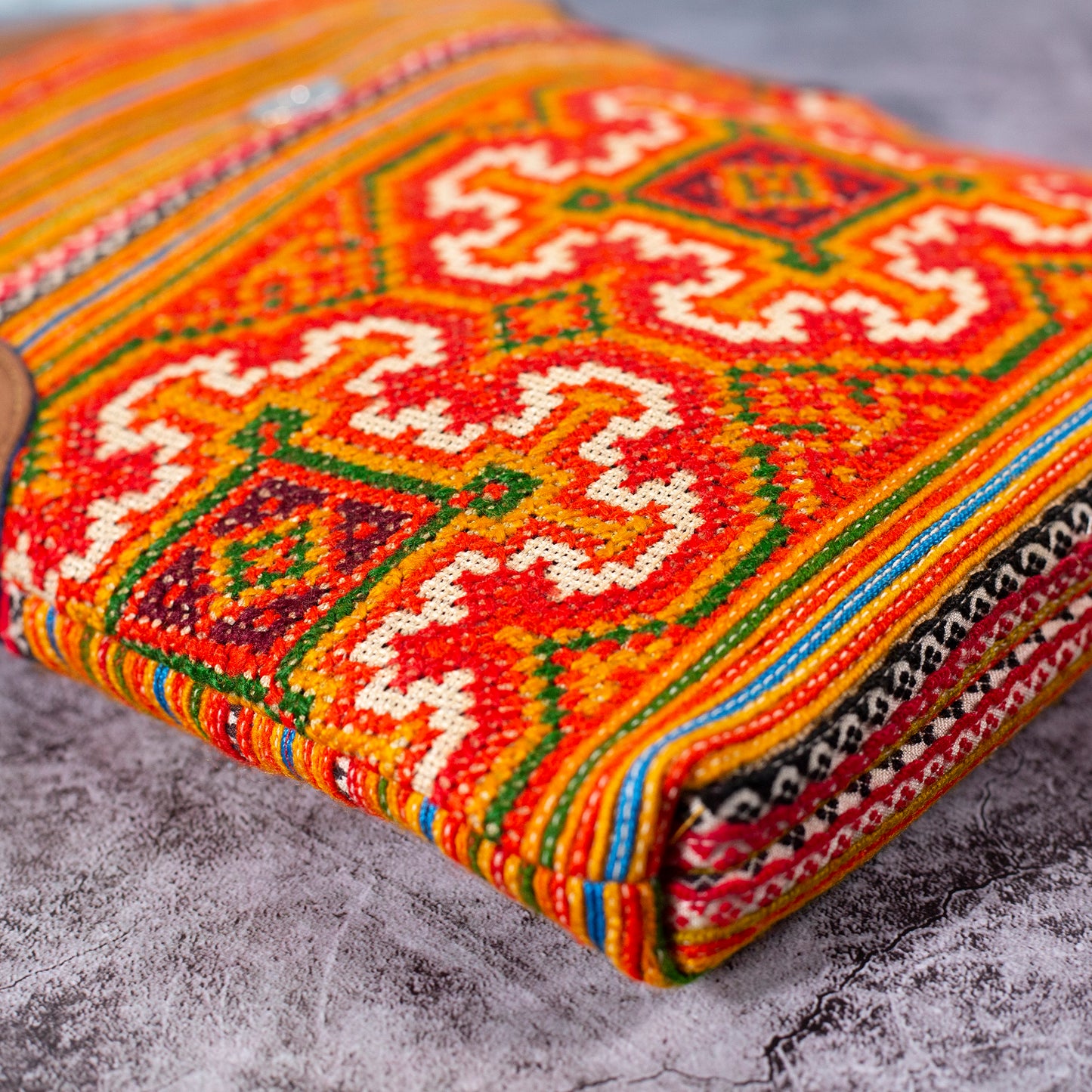 Flowery pattern, Orange embroidery cross-body bag, faux leather straps, coconut button