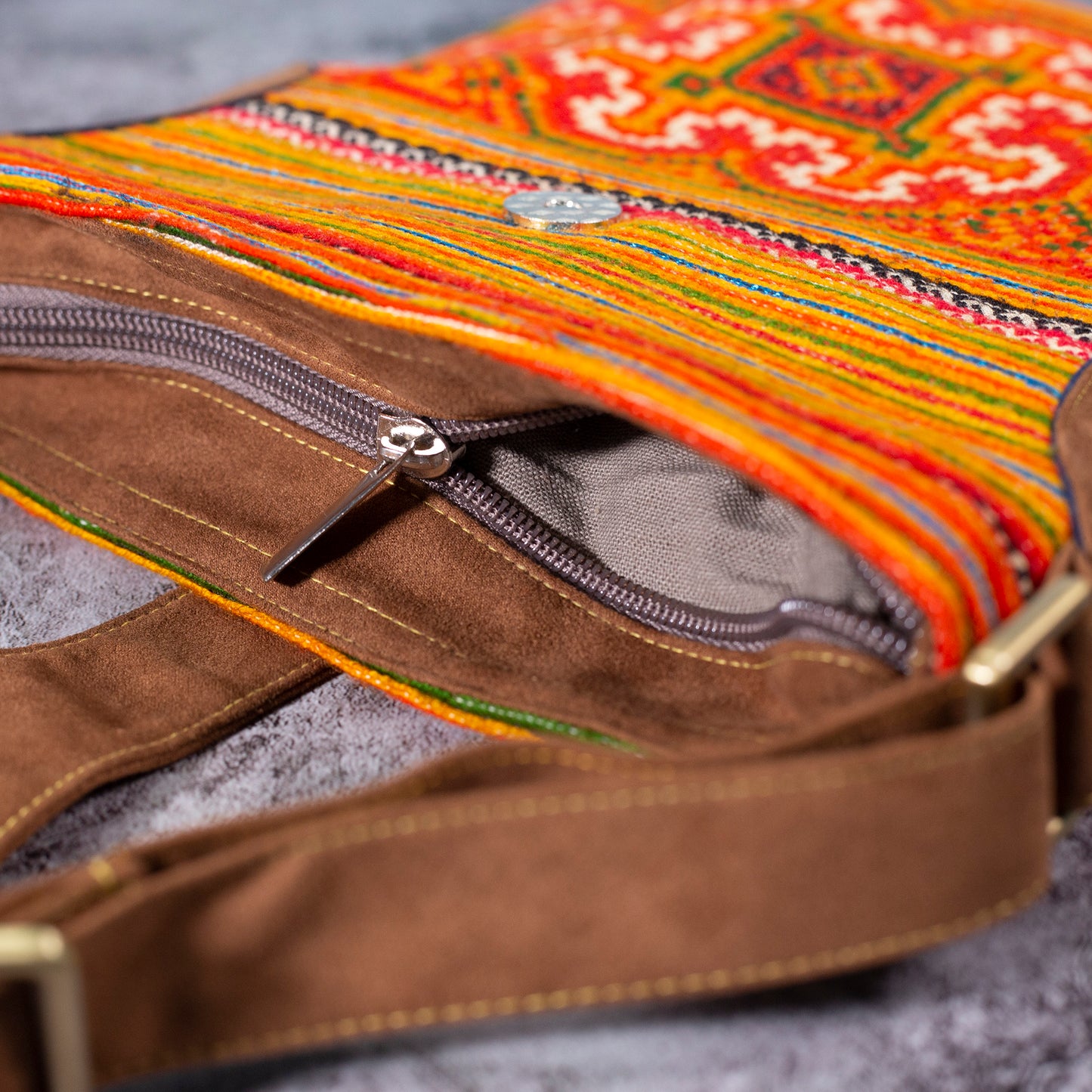 Flowery pattern, Orange embroidery cross-body bag, faux leather straps, coconut button