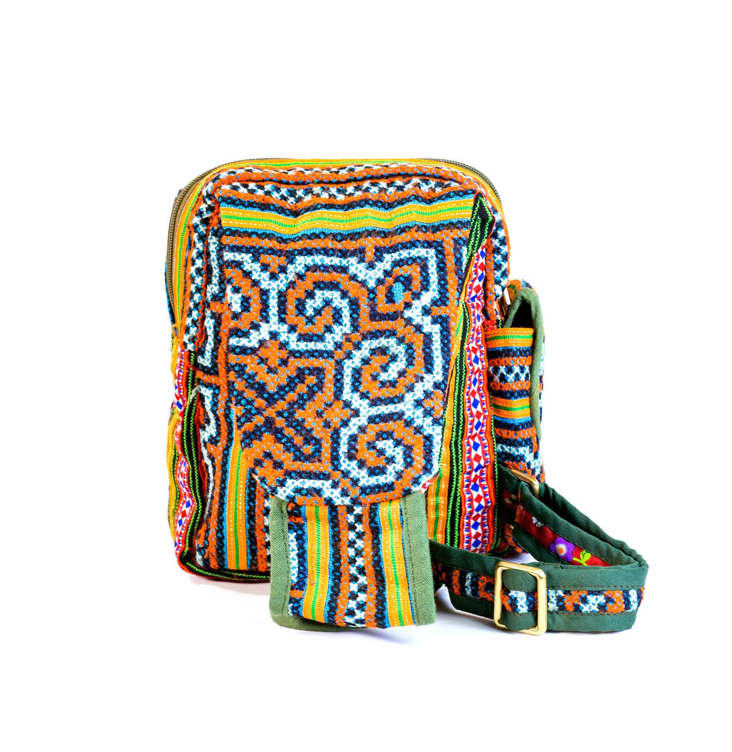 Boho-style linen, embroidery Sling bag, H'mong tribal pattern in bright BLUE silk thread