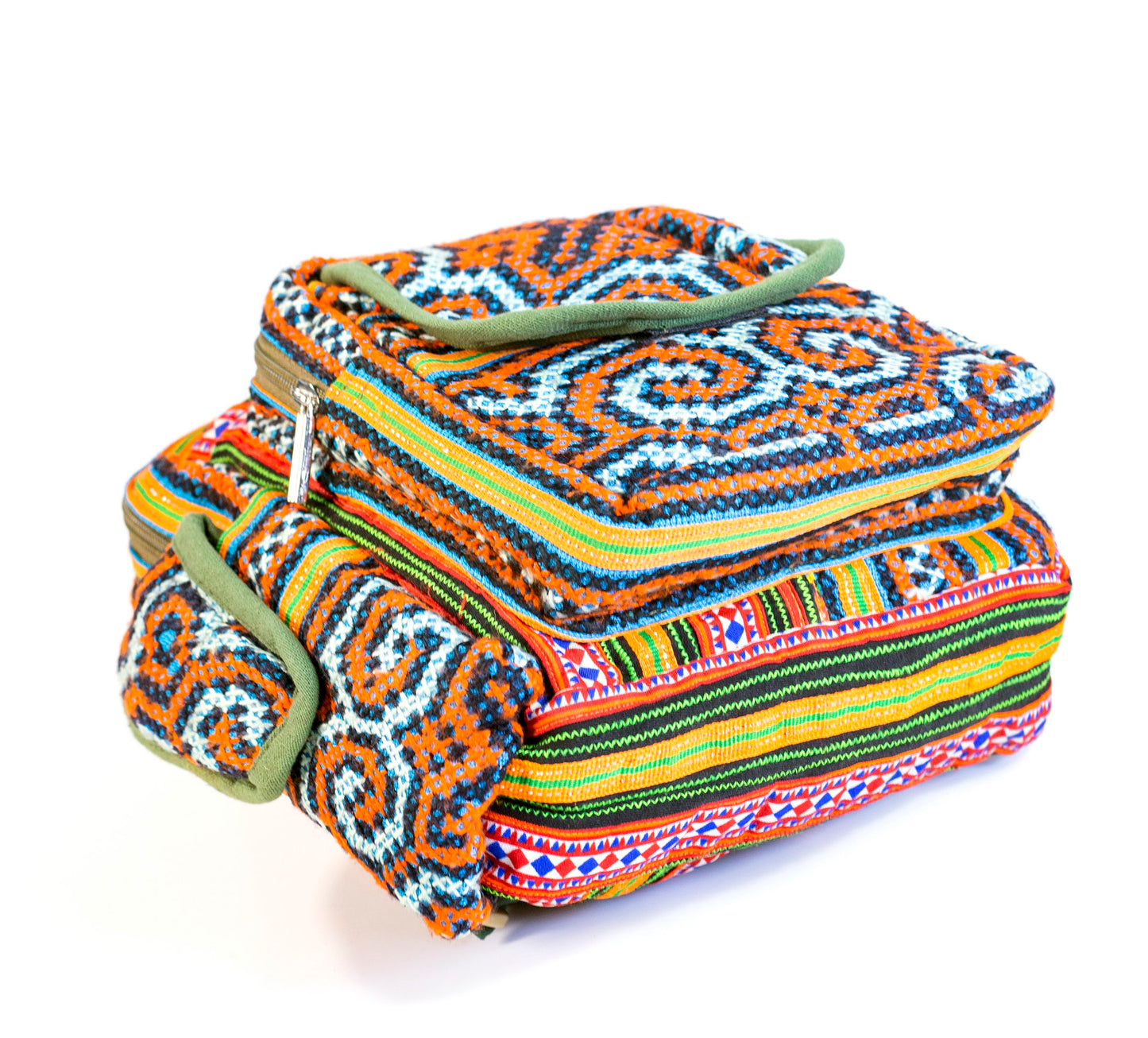 Boho-style linen, embroidery Sling bag, H'mong tribal pattern in bright BLUE silk thread