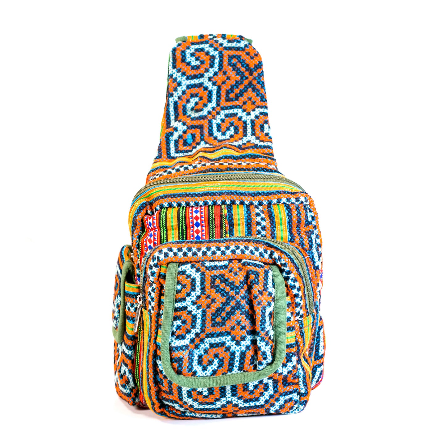 Boho-style linen, embroidery Sling bag, H'mong tribal pattern in bright BLUE silk thread