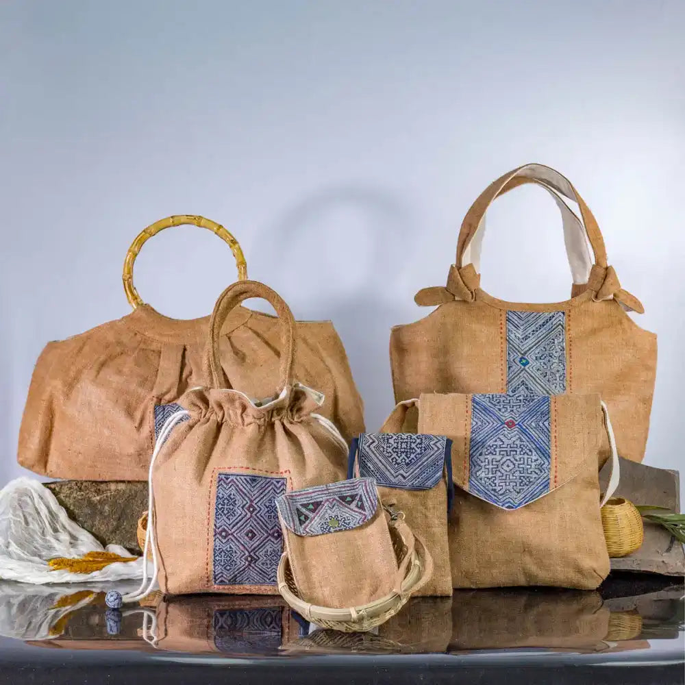 Brown hemp flip phone belt bag with vintage patch, eco-friendly handmade bag from Purity Collection