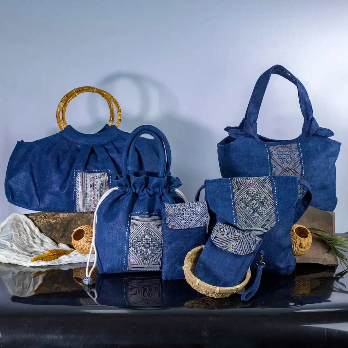 Set of indigo hemp mobilväskor, phone bags with H’mong patches