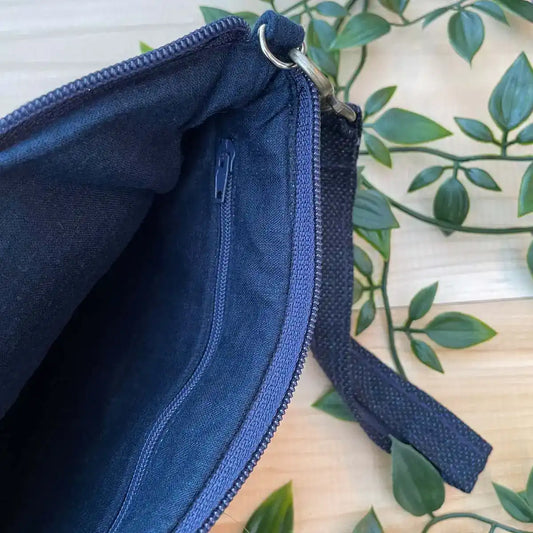 Vindigo cosmetic bag blue embroidered geometry inside view