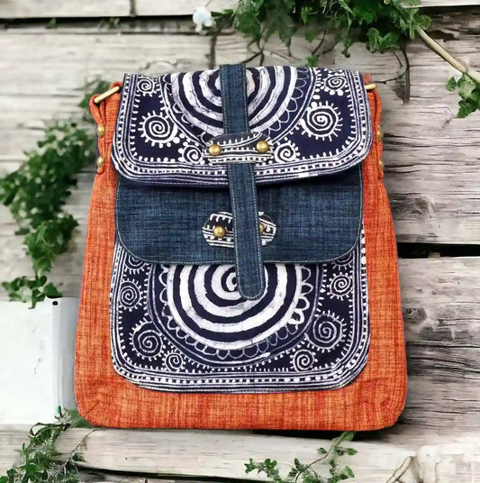 Vindigo crossbody bag orange embroidered circle denim front close view