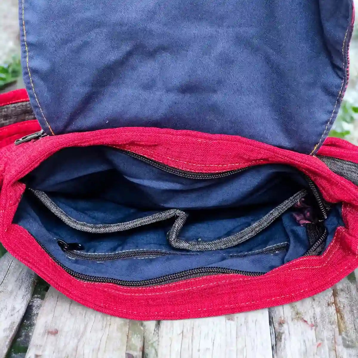Vindigo crossbody bag red embroidered grey contrast inside detail