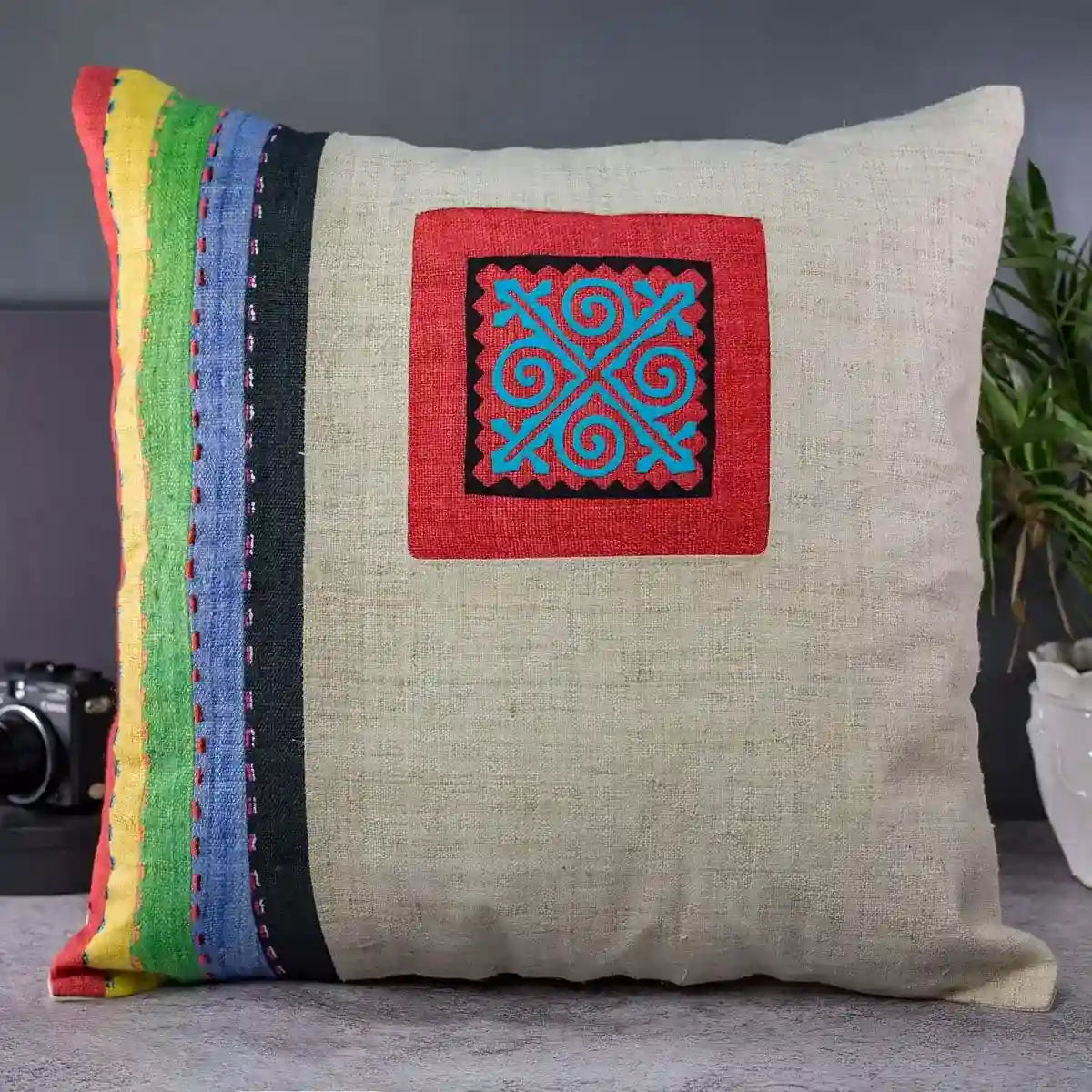 Vindigo cushion cover beige embroidered geometric side angled view