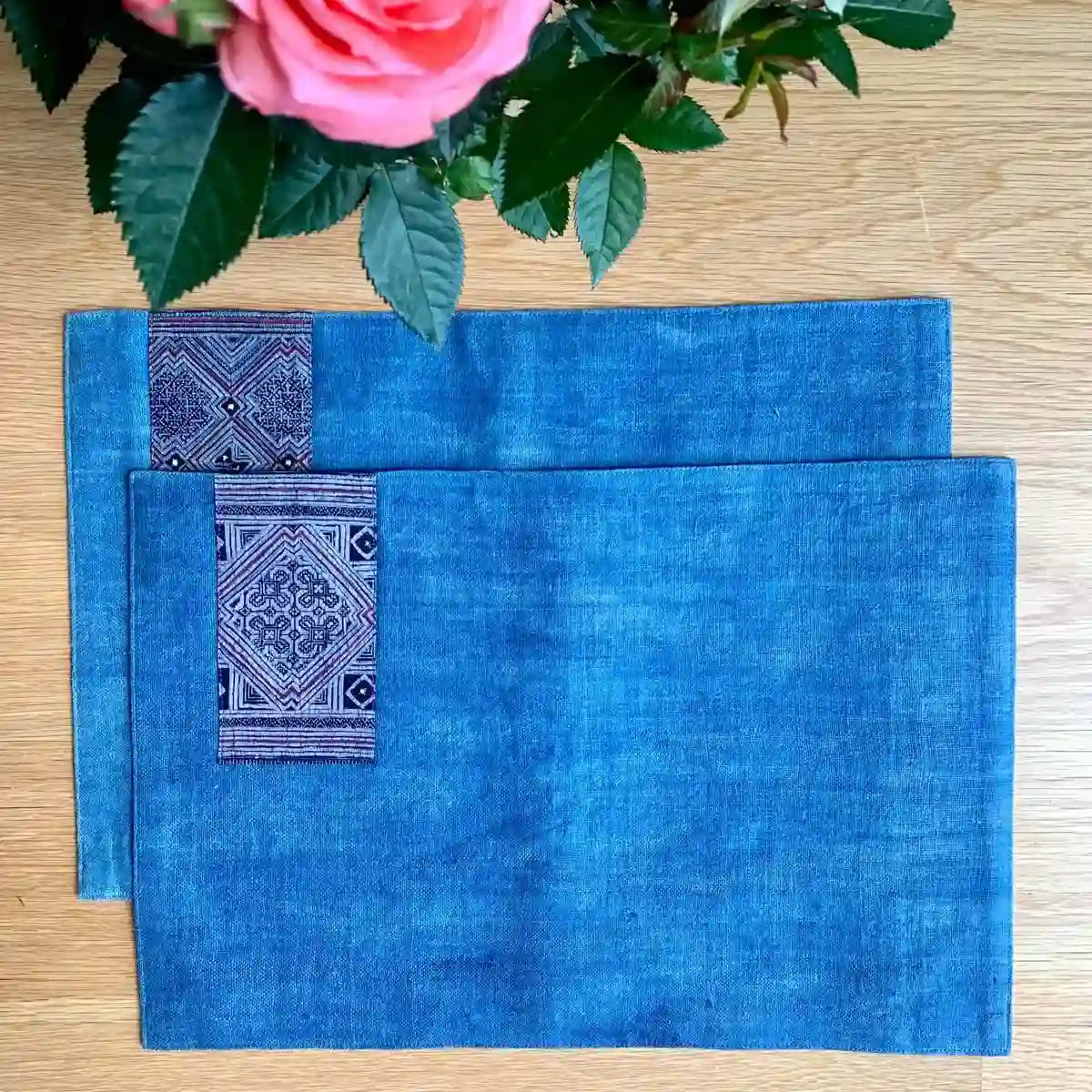 Vindigo placemat blue embroidered geometry flat set on table