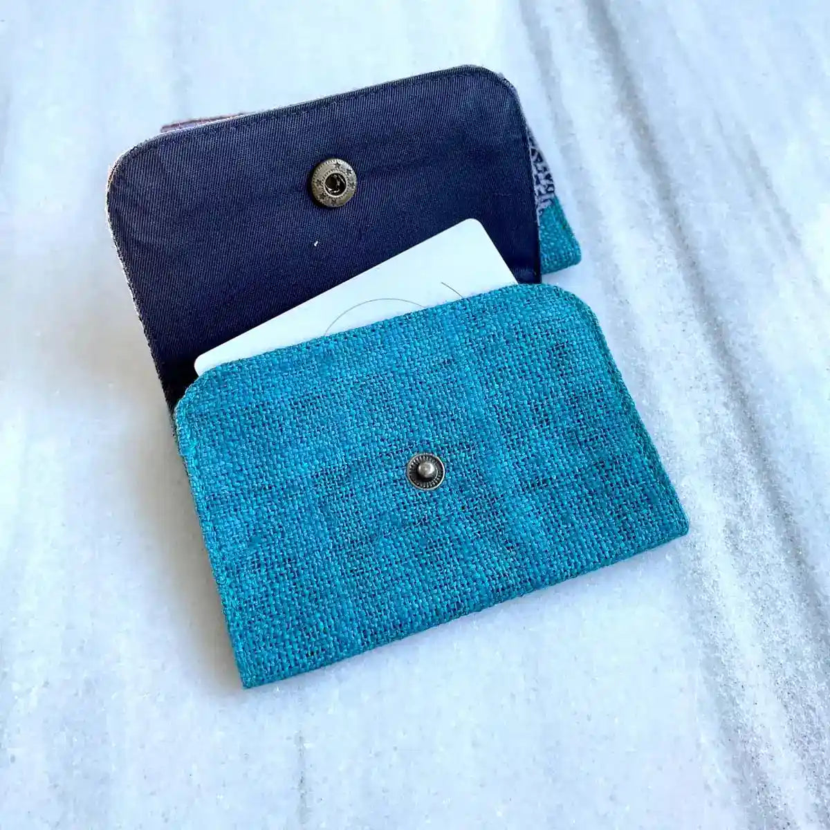 Vindigo wallet purple embroidered blue open with cards inside