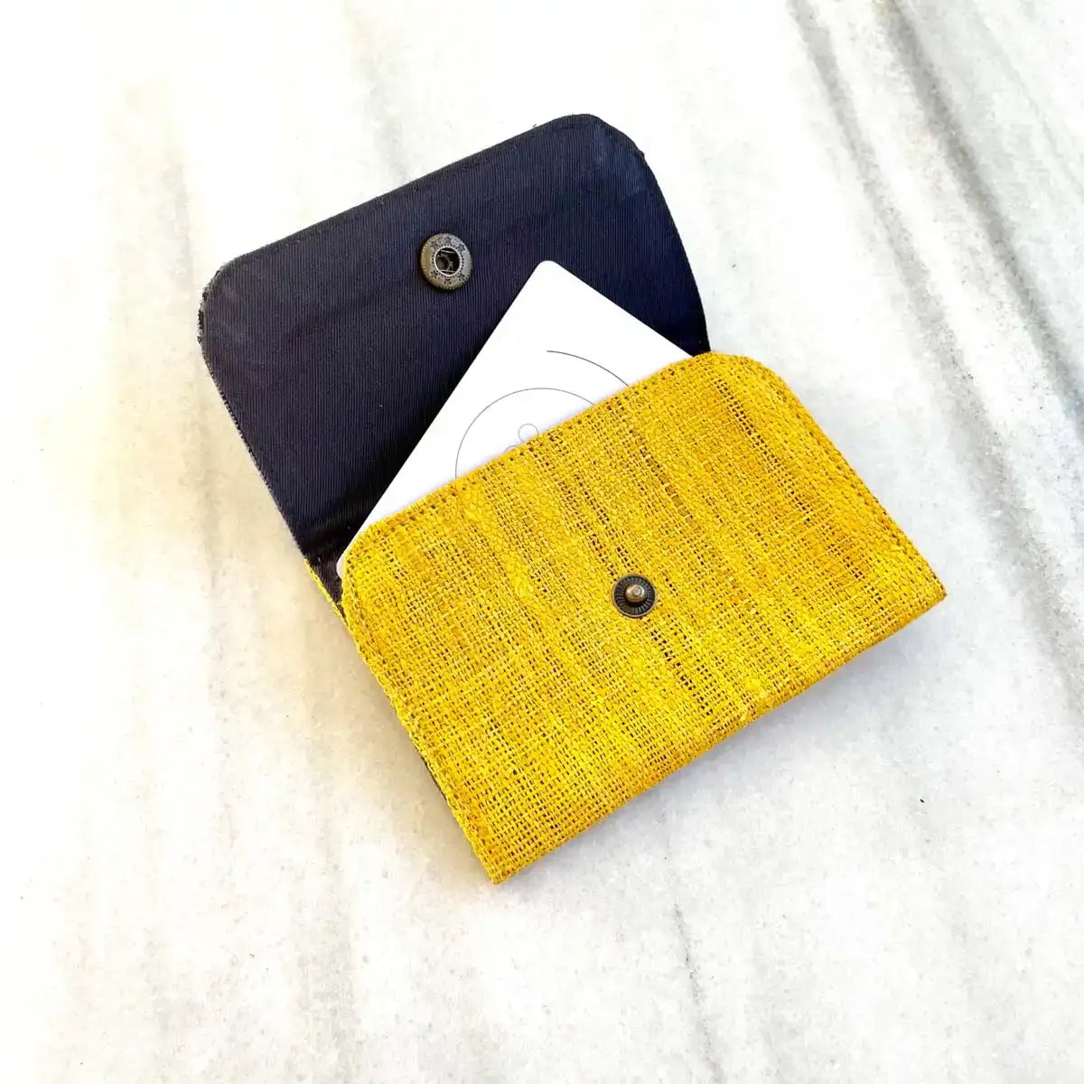 Vindigo wallet yellow embroidered open inside with card