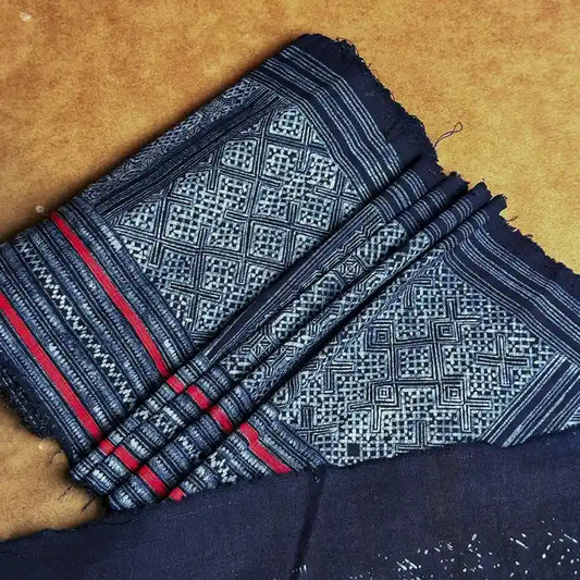 Red stripes authentic H'mong batik on cotton - recycled fabric