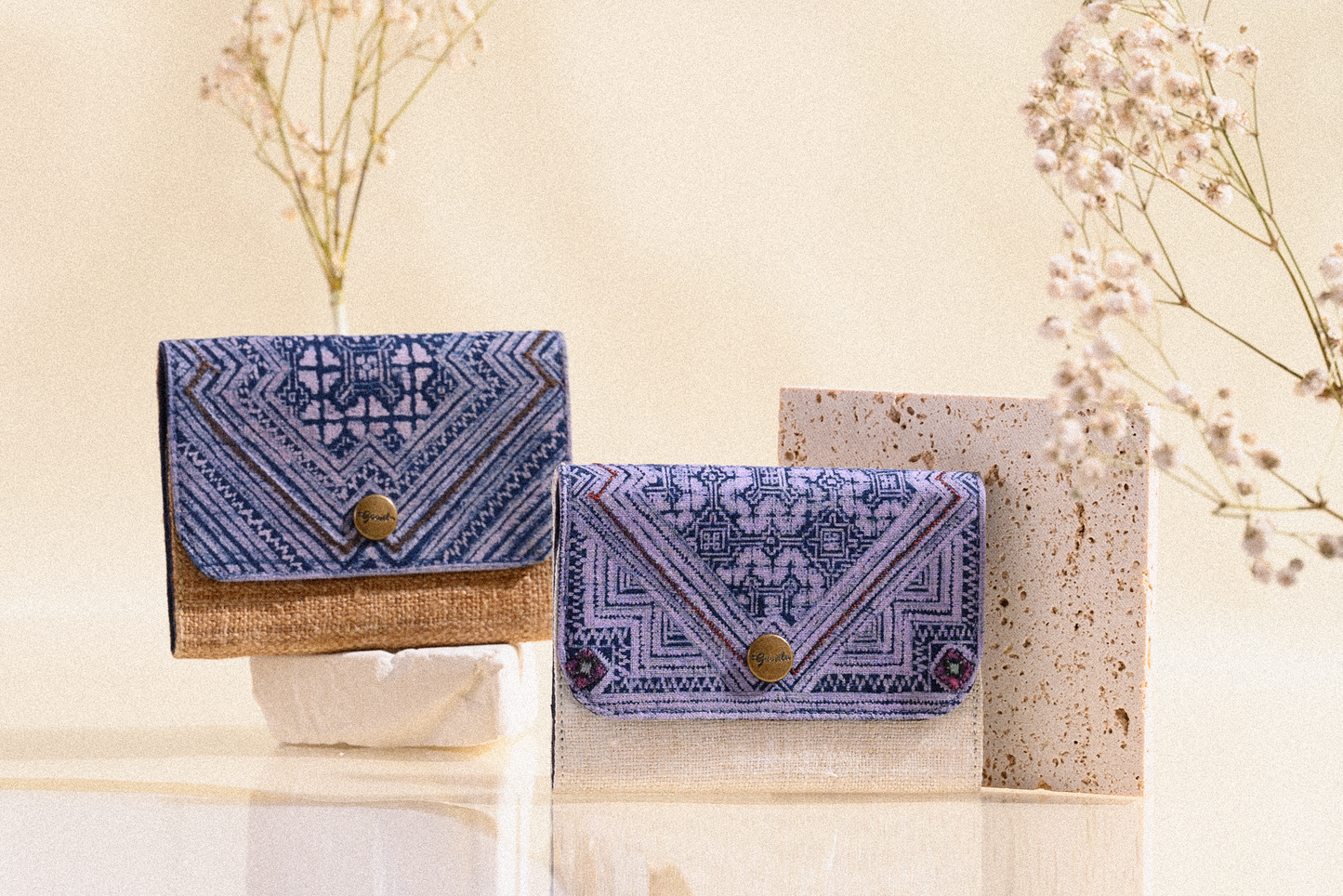 White Hemp card holder, Indigo Batik fabric