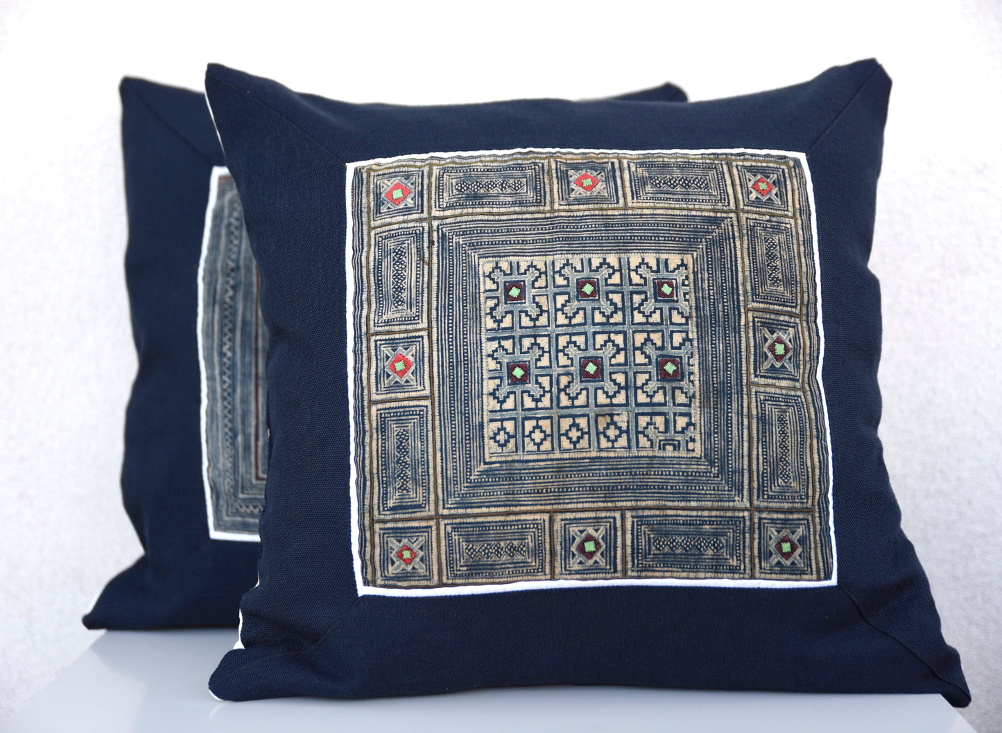 Navy Blue Cushion Cover, H'mong vintage cloth, batik painting pattern