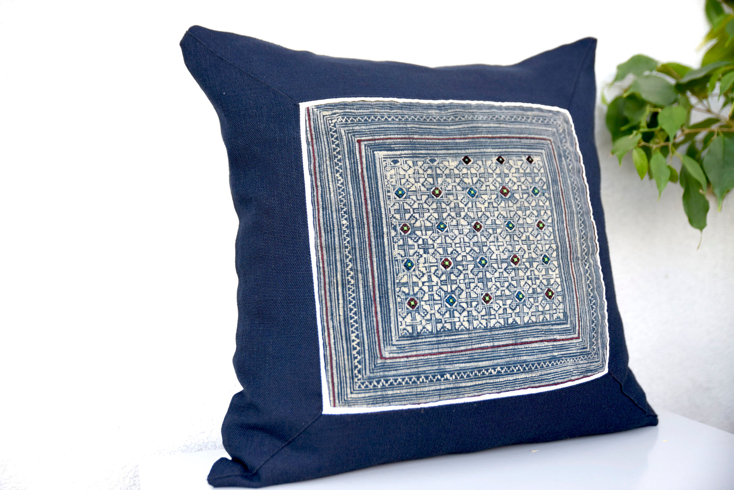 Navy Blue Cushion Cover, H'mong vintage cloth, batik painting pattern