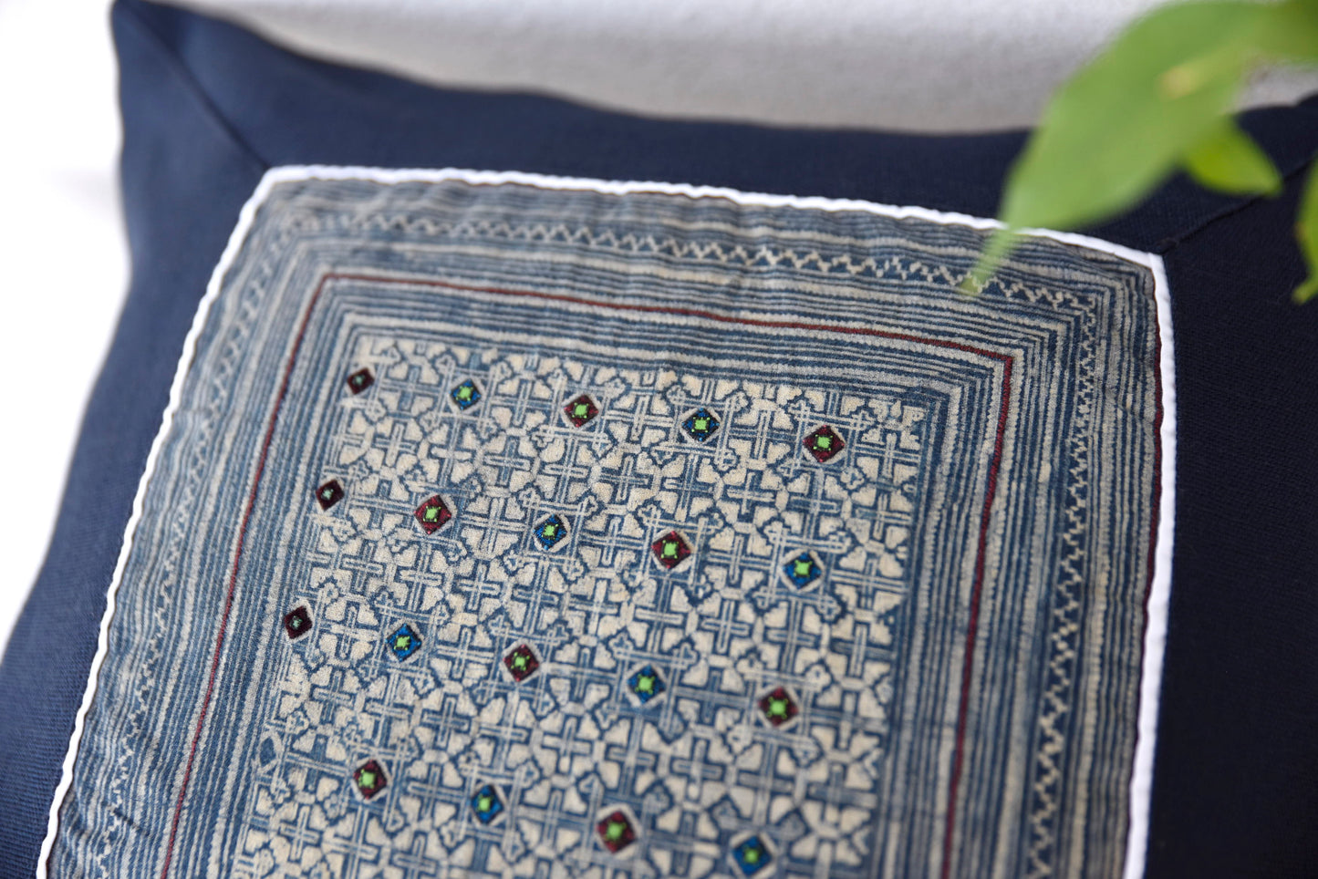 Navy Blue Cushion Cover, H'mong vintage cloth, batik painting pattern