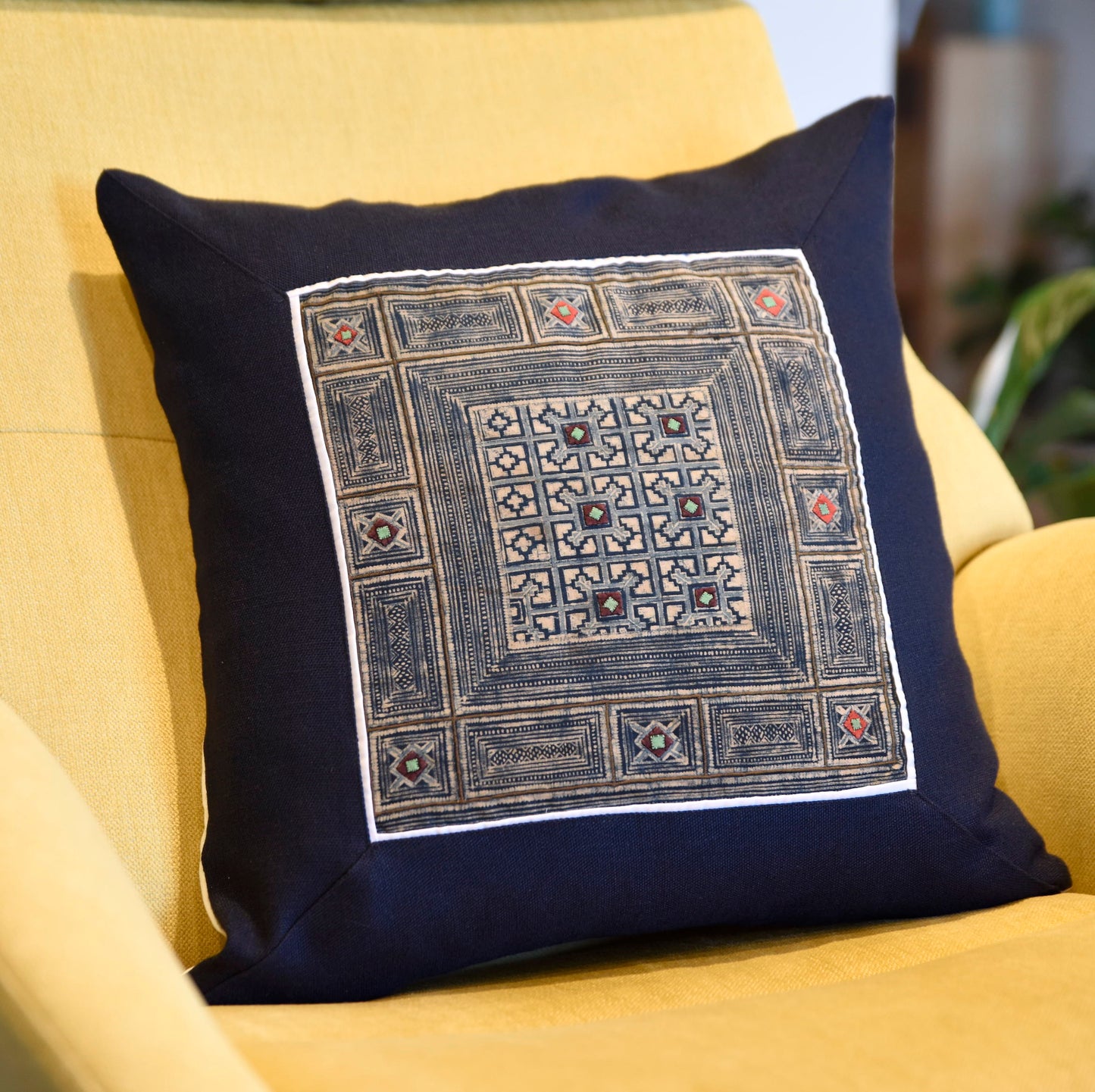Navy Blue Cushion Cover, H'mong vintage cloth, batik painting pattern