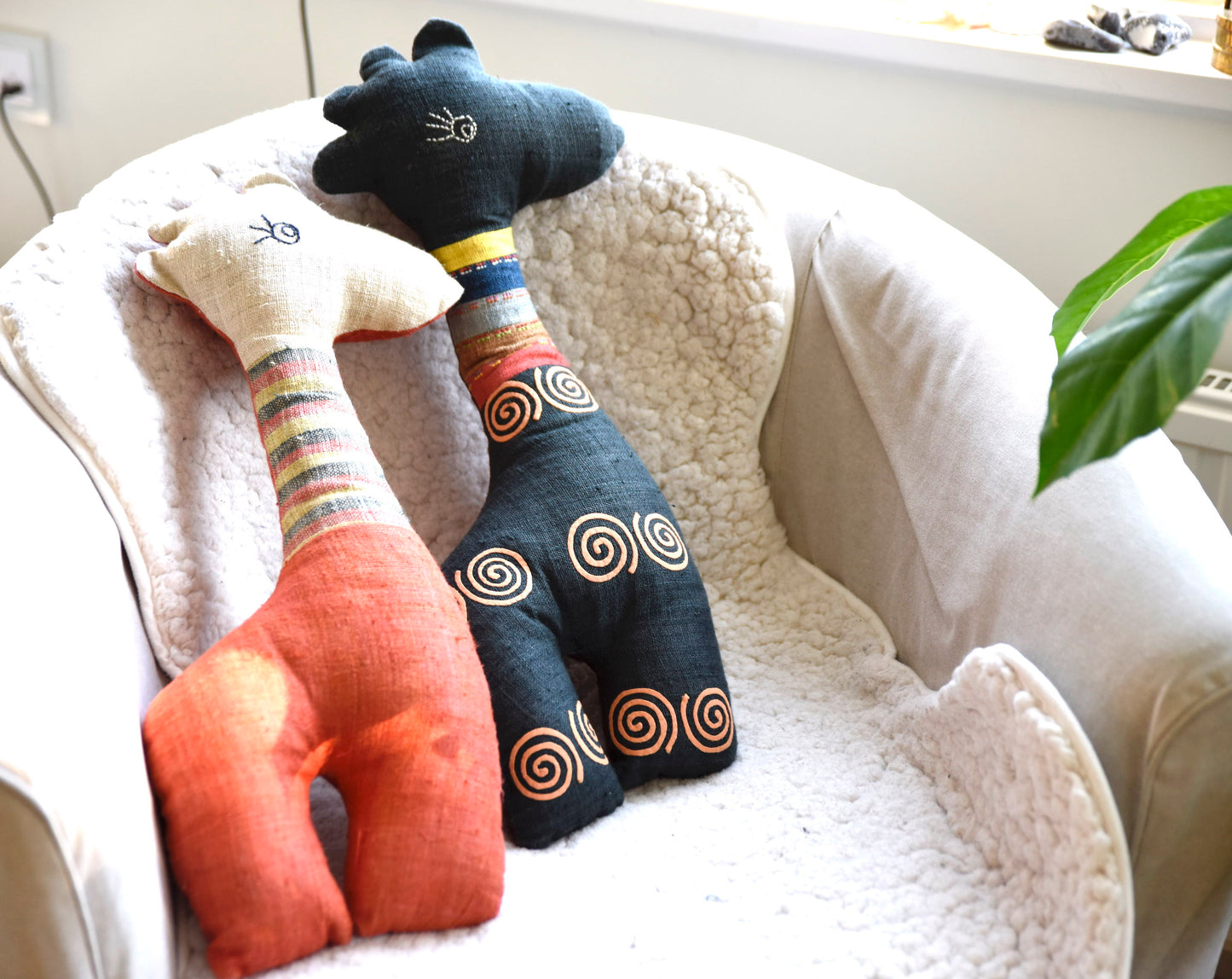 Unique Orange cuddly deer stuffed animal, hand-made from H'mong tribal fabrics