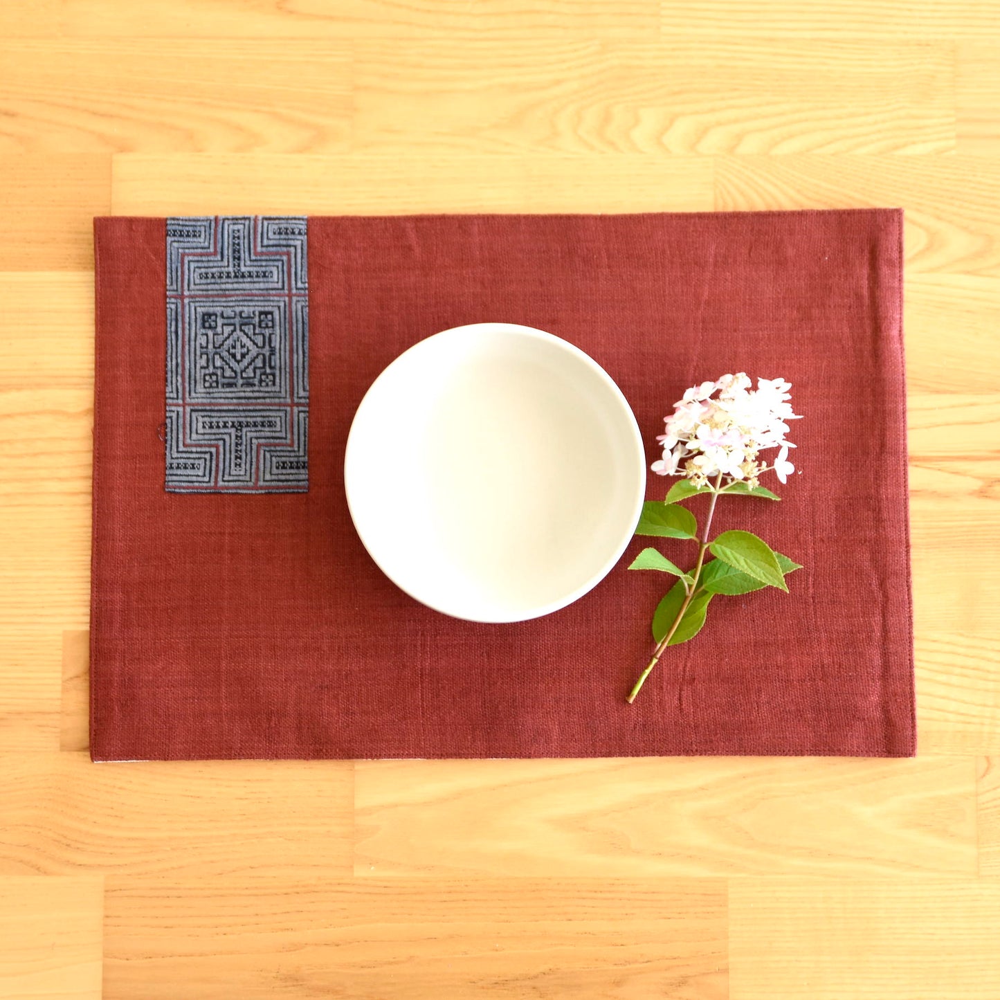 Dark Red hemp placemat, vintage batik indigo patch, hand-woven hemp fabrics