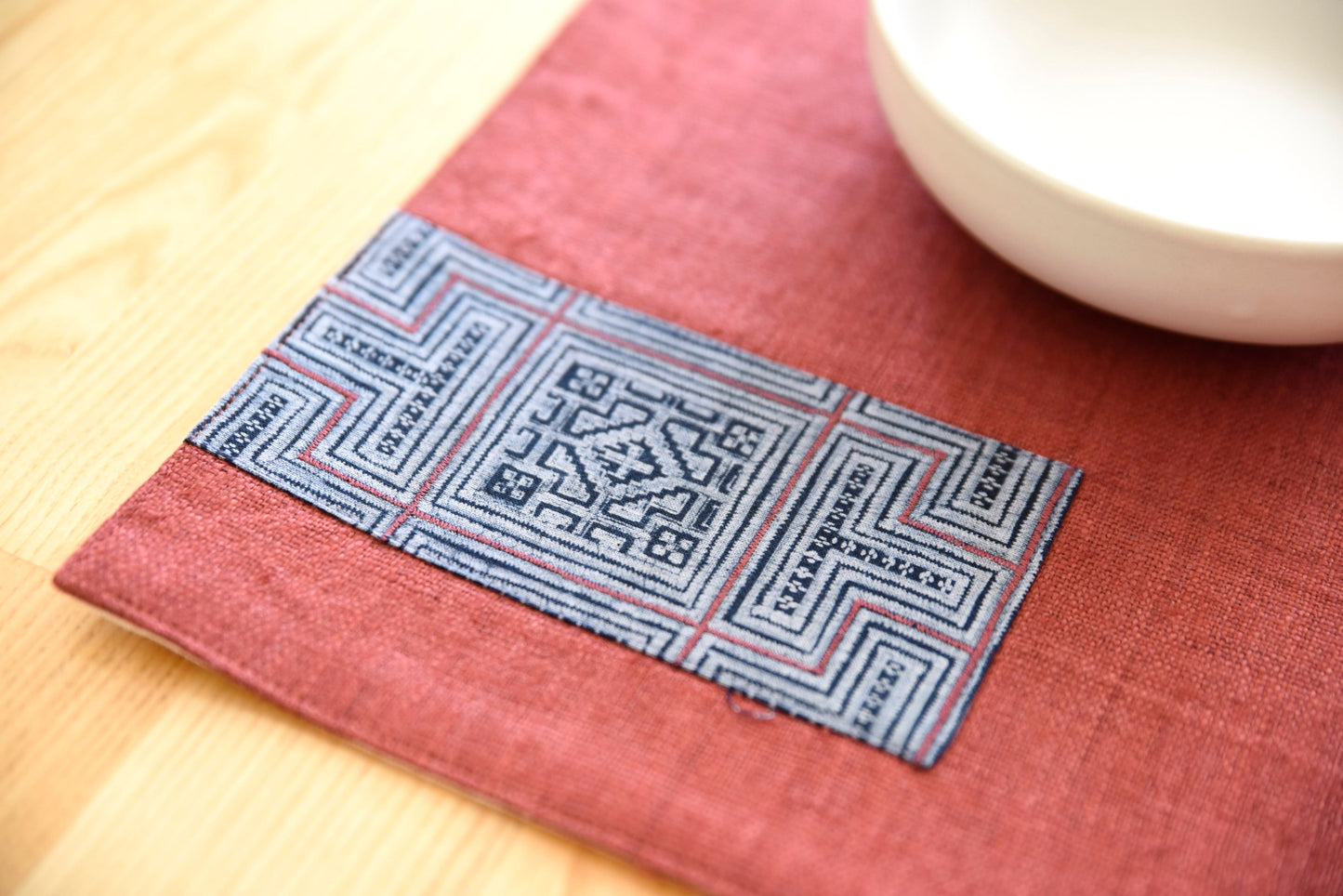 Bordeaux Red hemp placemat, vintage batik indigo patch, hand-woven hemp fabrics