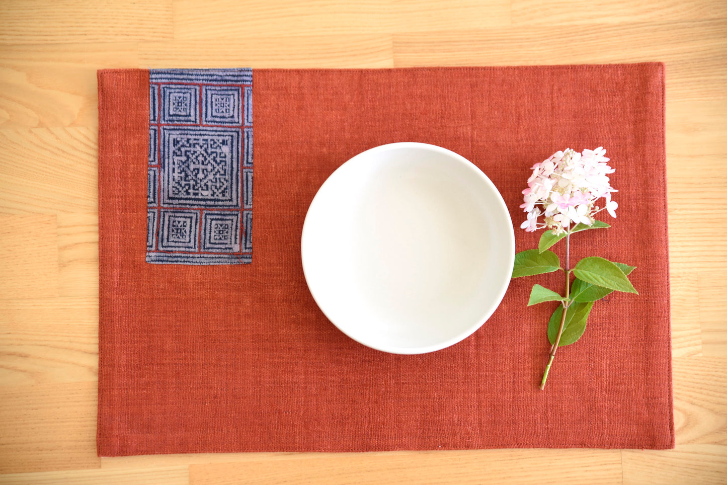Bordeaux Red hemp placemat, vintage batik indigo patch, hand-woven hemp fabrics