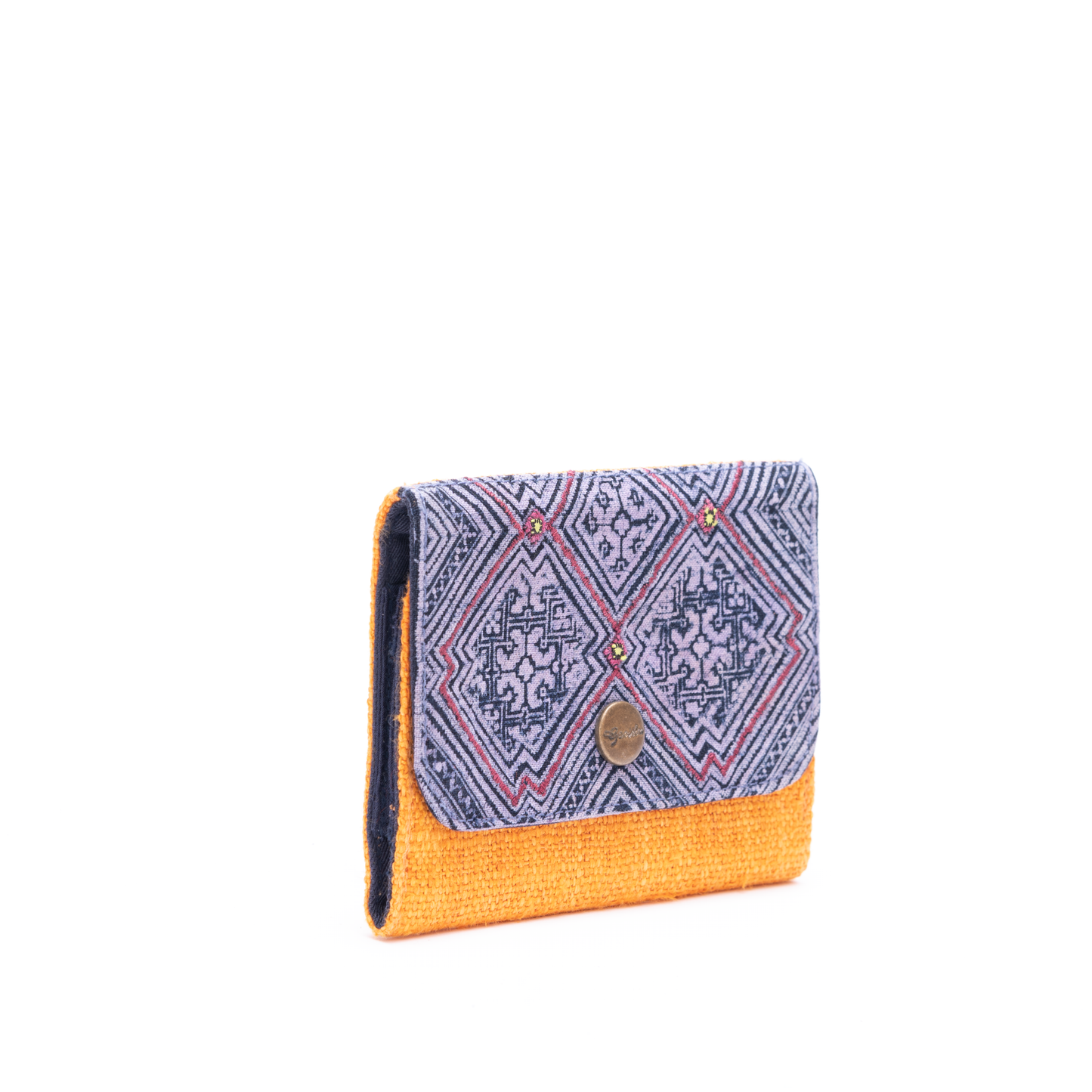 Orange Hemp card holder, Indigo Batik fabric