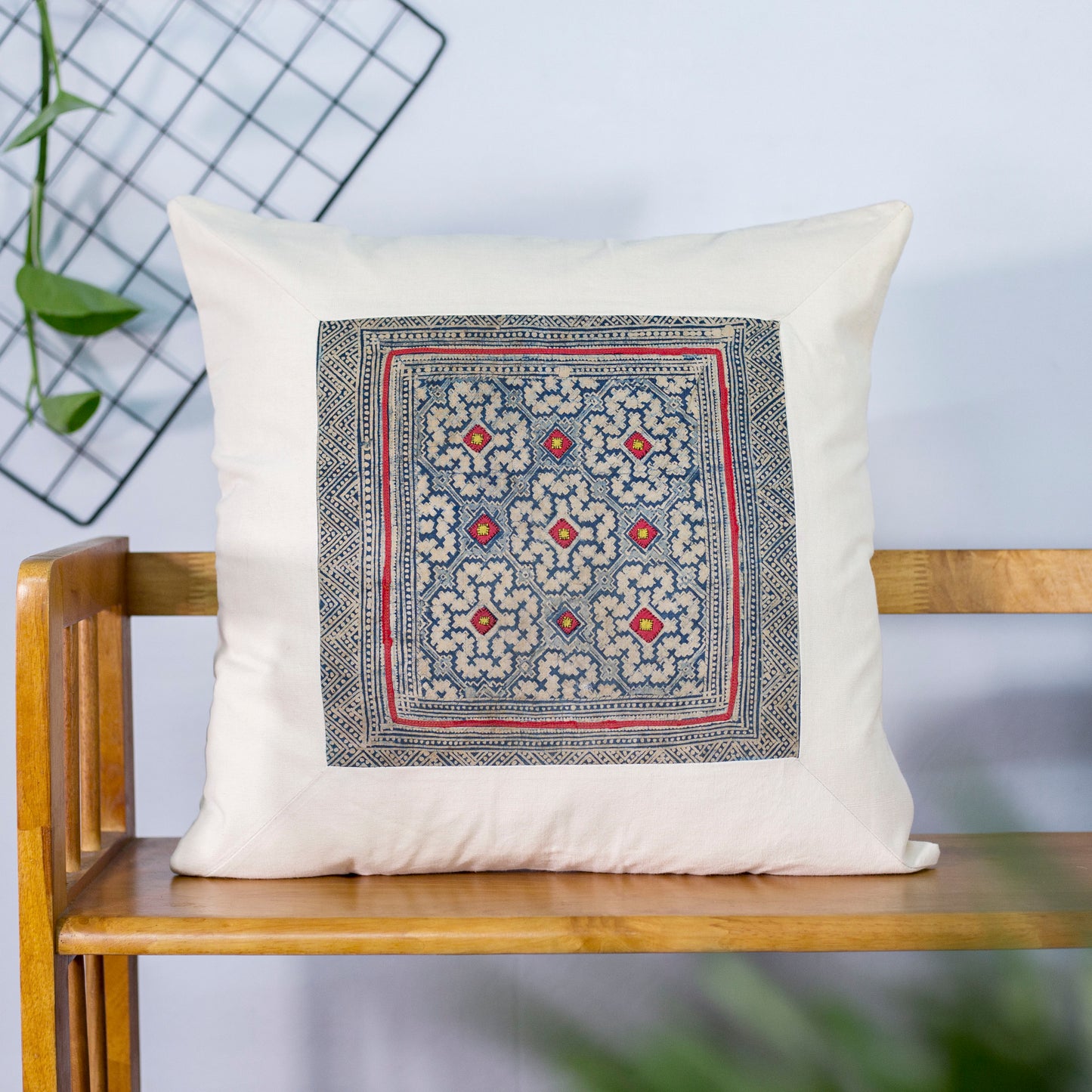 Unique Floral H’mong – White Hemp Cushion Cover