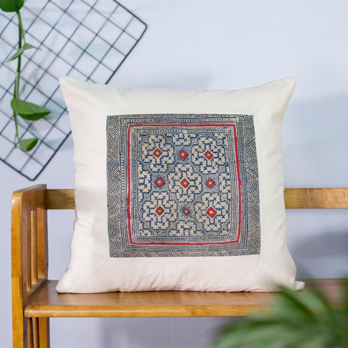 Unique Floral H’mong – White Hemp Cushion Cover